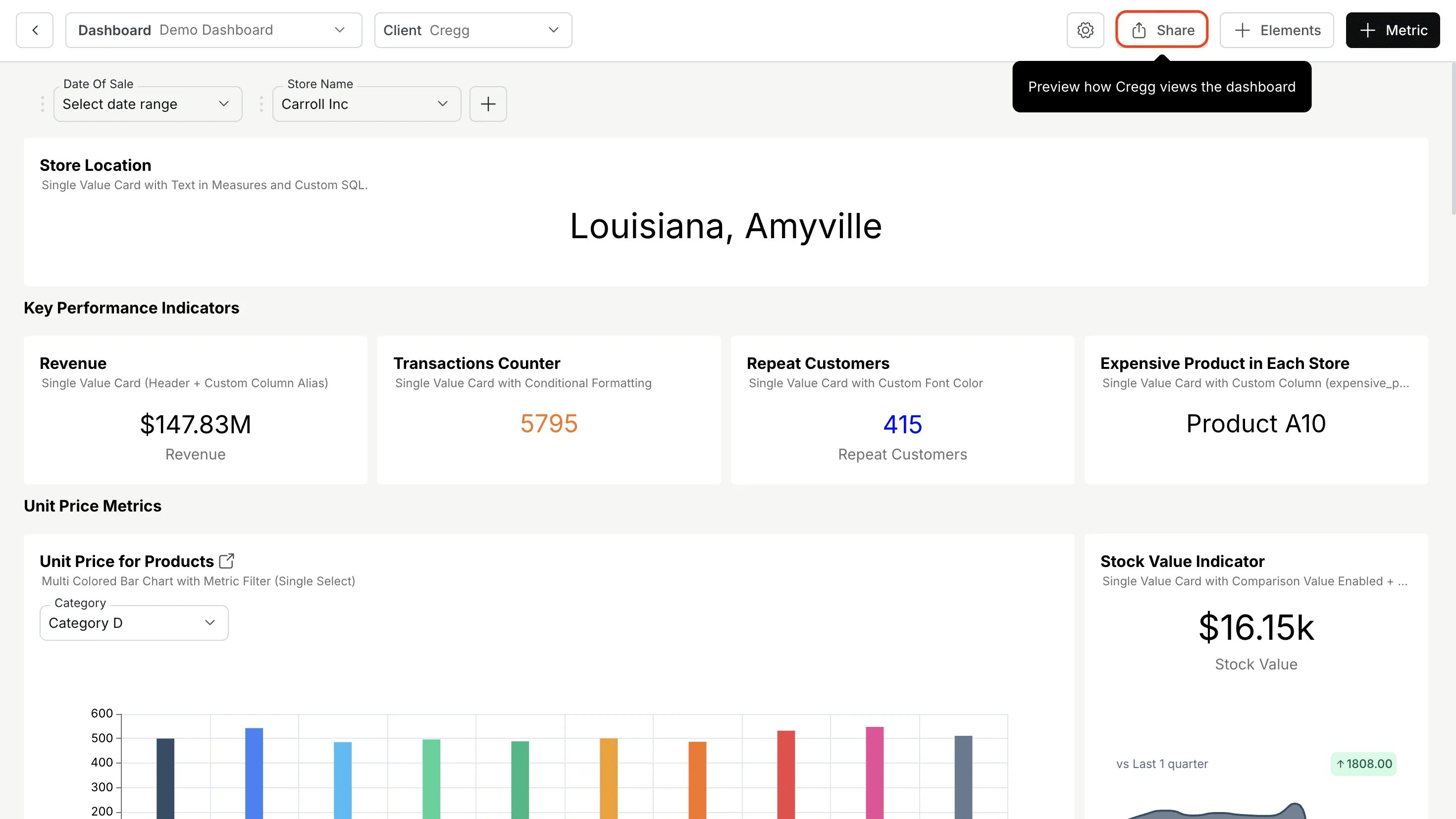 Share button location on the dashboard interface