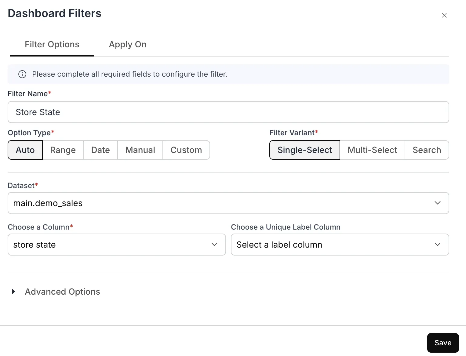 Dashboard Filters configuration for Store State filter using the main.demo_sales dataset