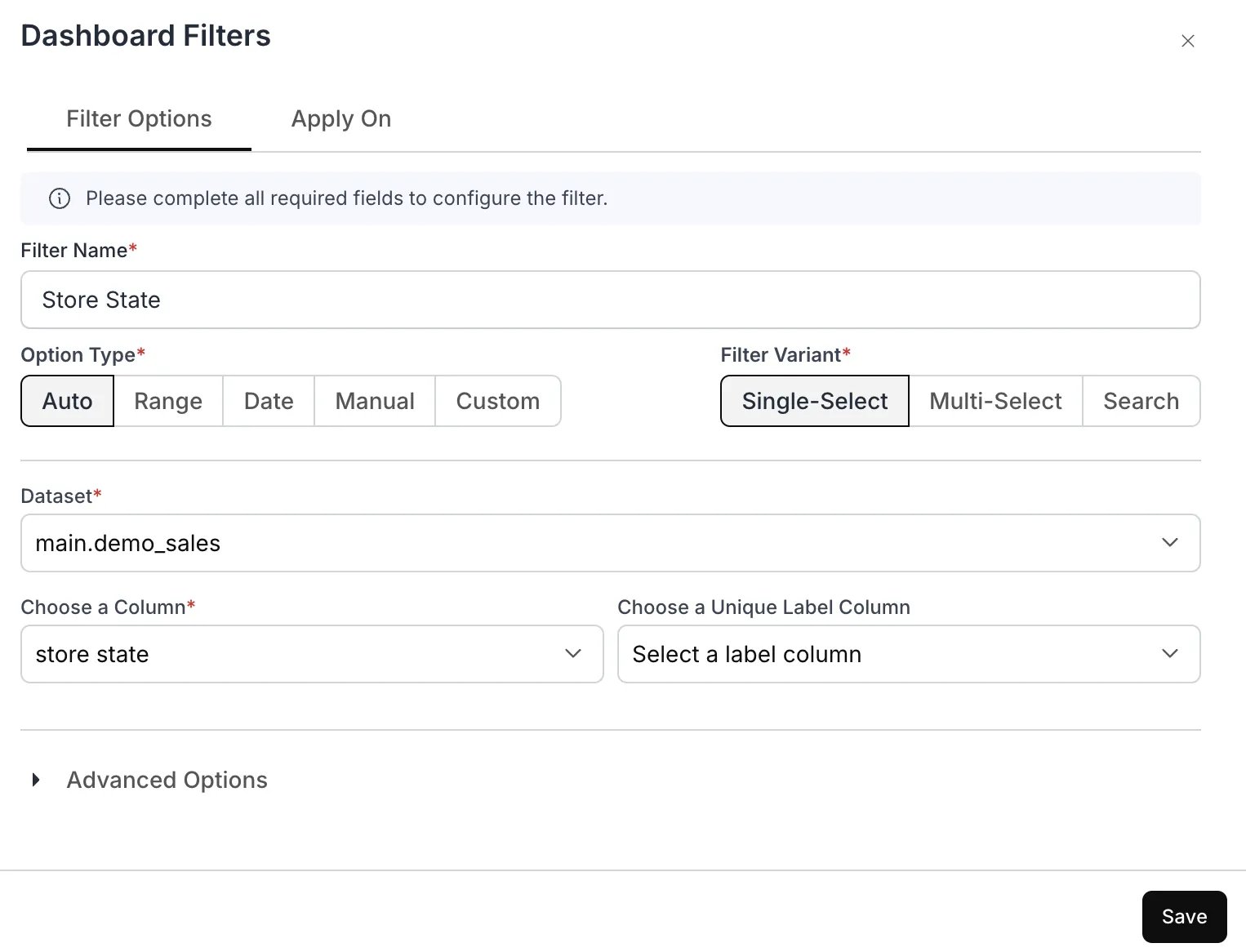 Dashboard Filters configuration for Store State filter using the main.demo_sales dataset