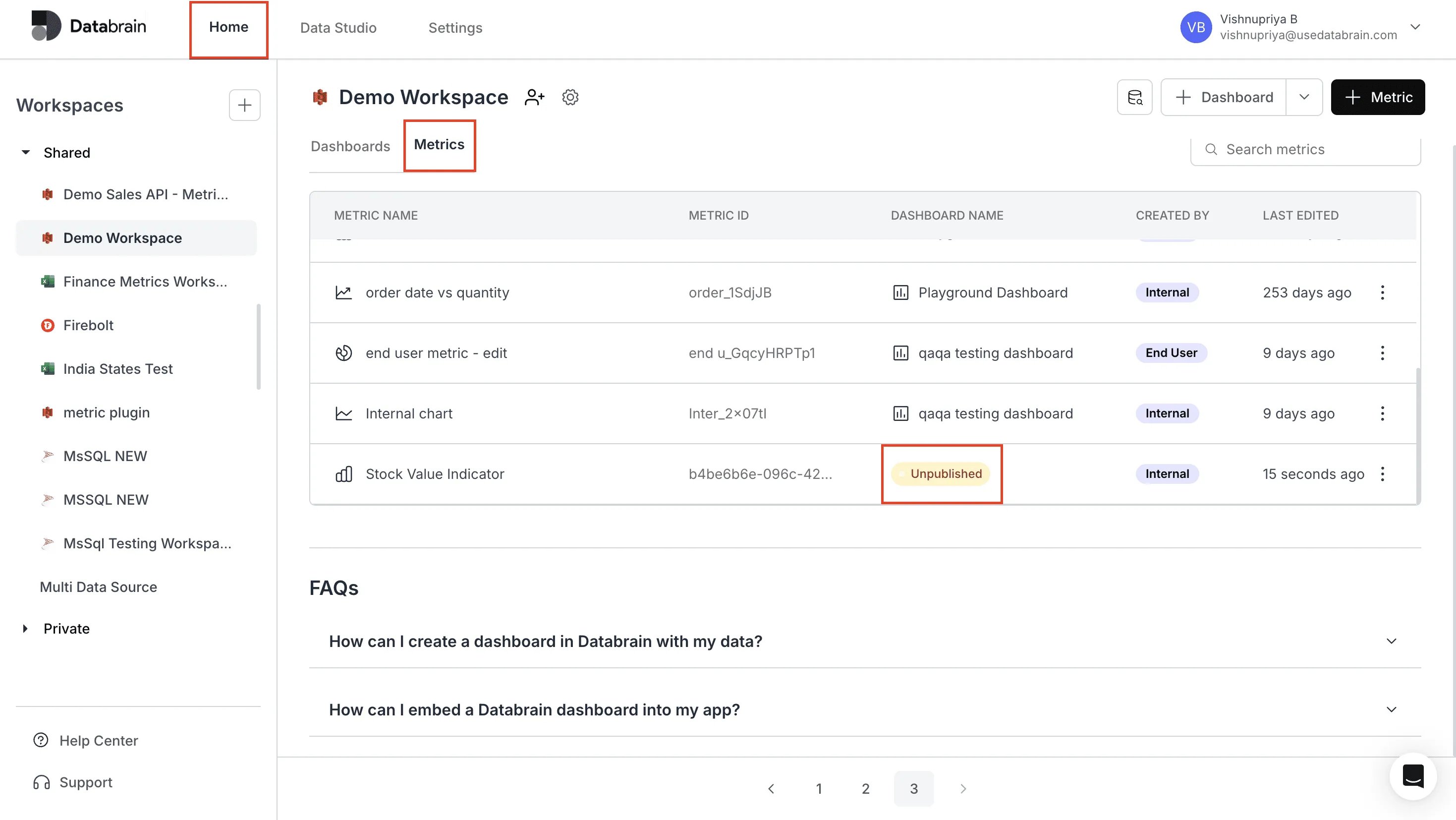 List of metrics showing unpublished metrics within the workspace metrics table