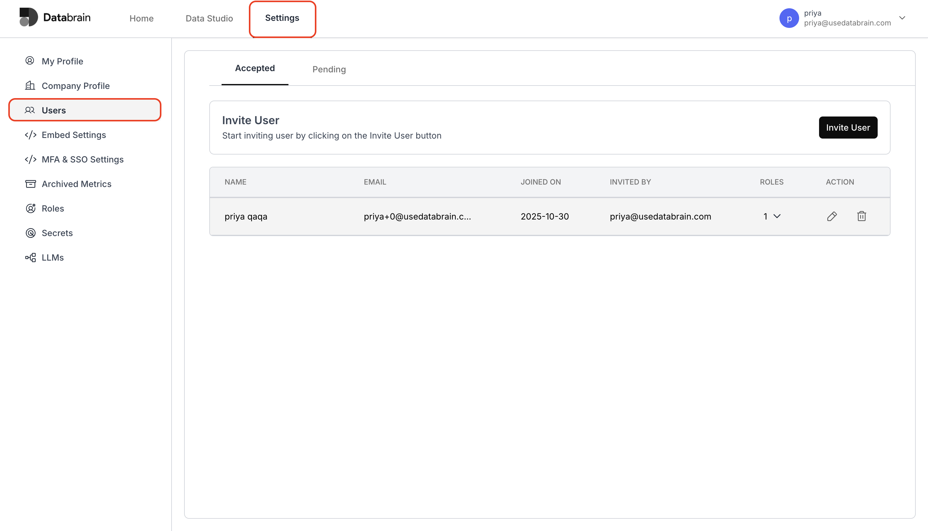 List of users in Databrain settings after invitation acceptance