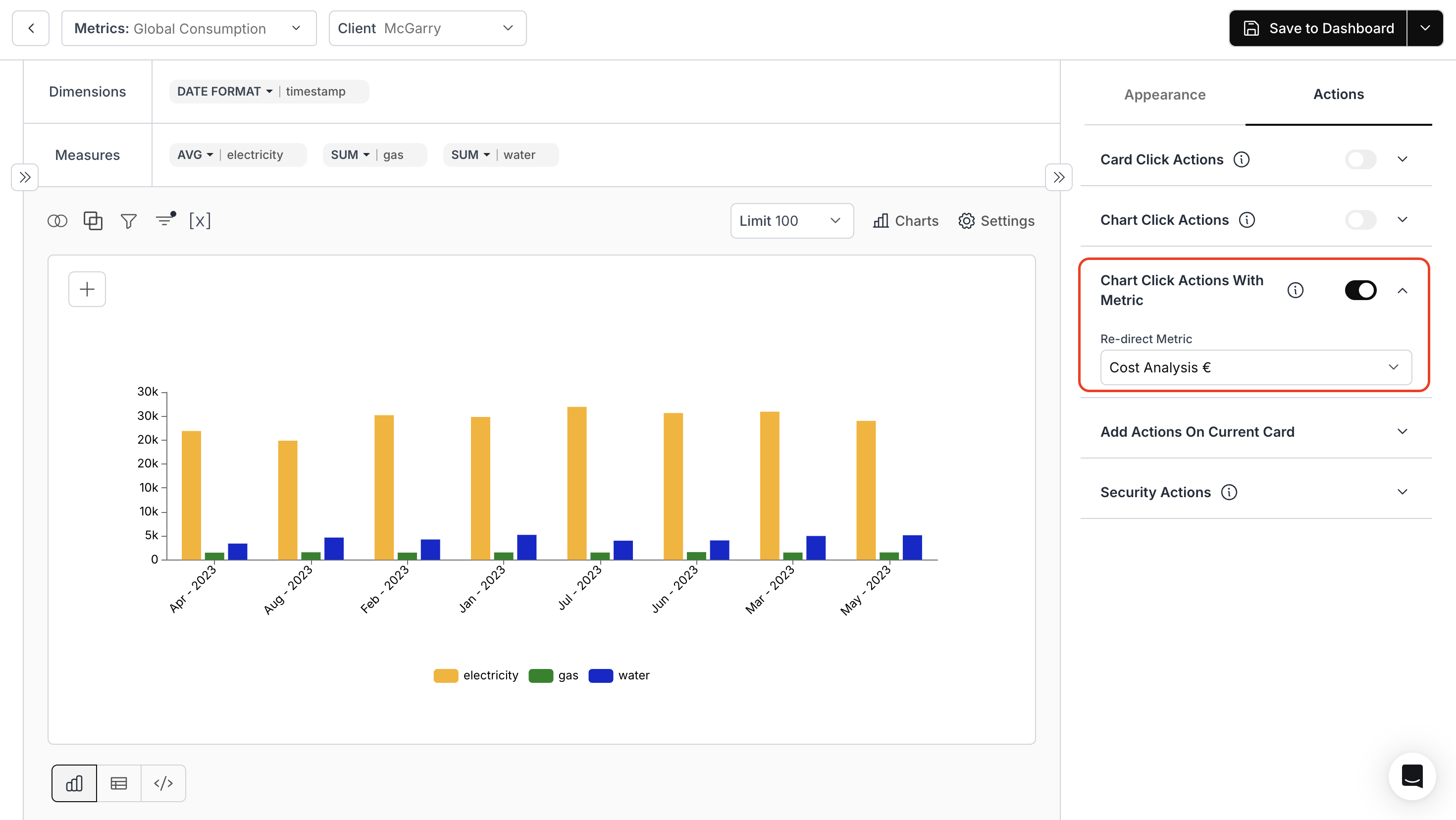Configuring chart click actions to redirect to a specific metric