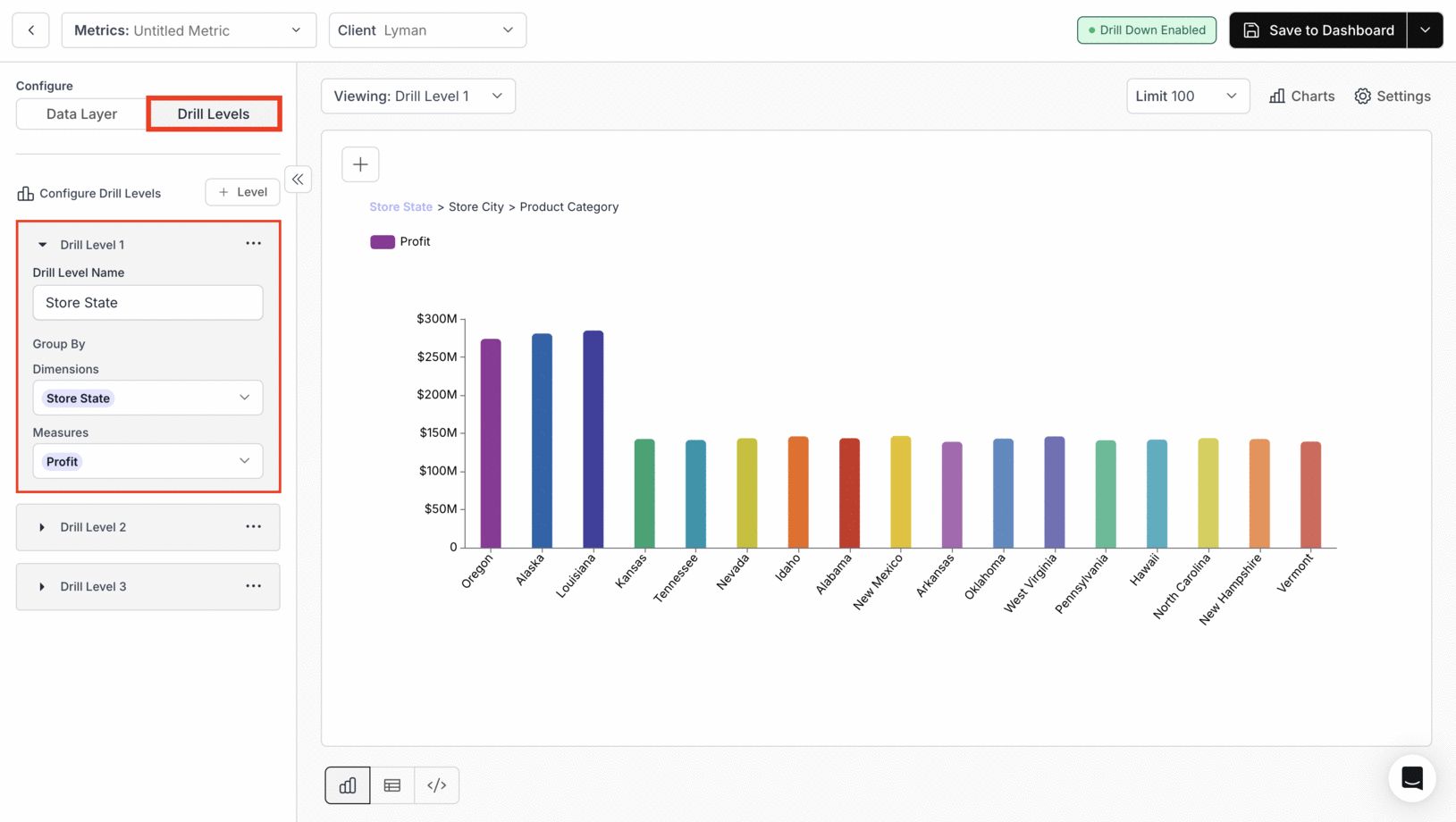 GIF showing configuration of multiple drill-down levels