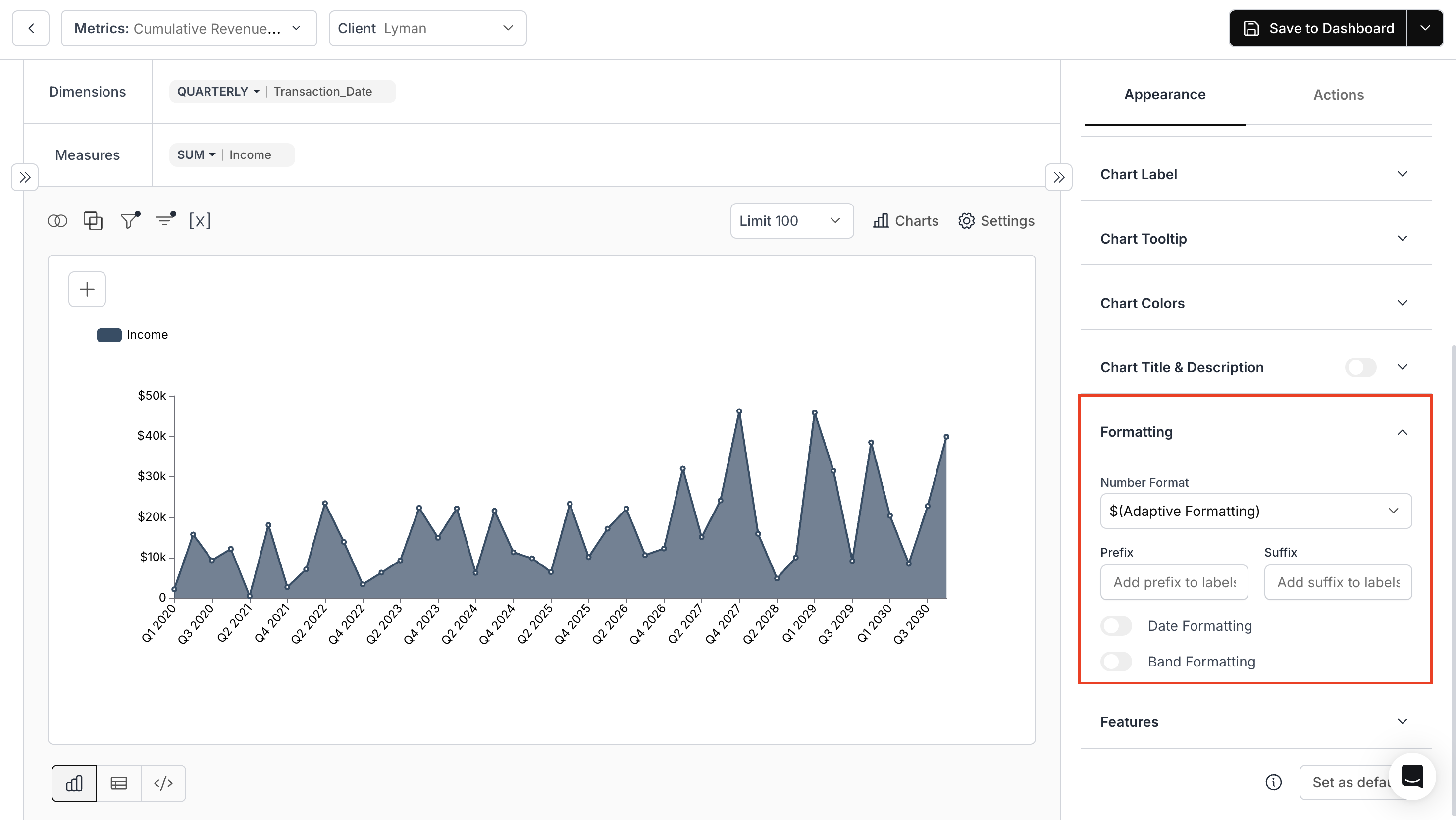 Formatting settings panel for chart values