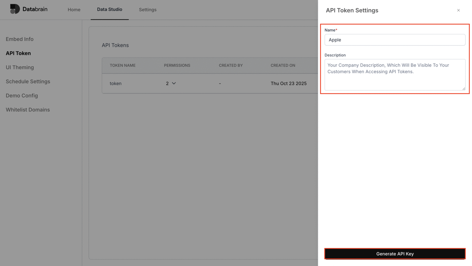 API Tokens table showing a newly created API key with copy action