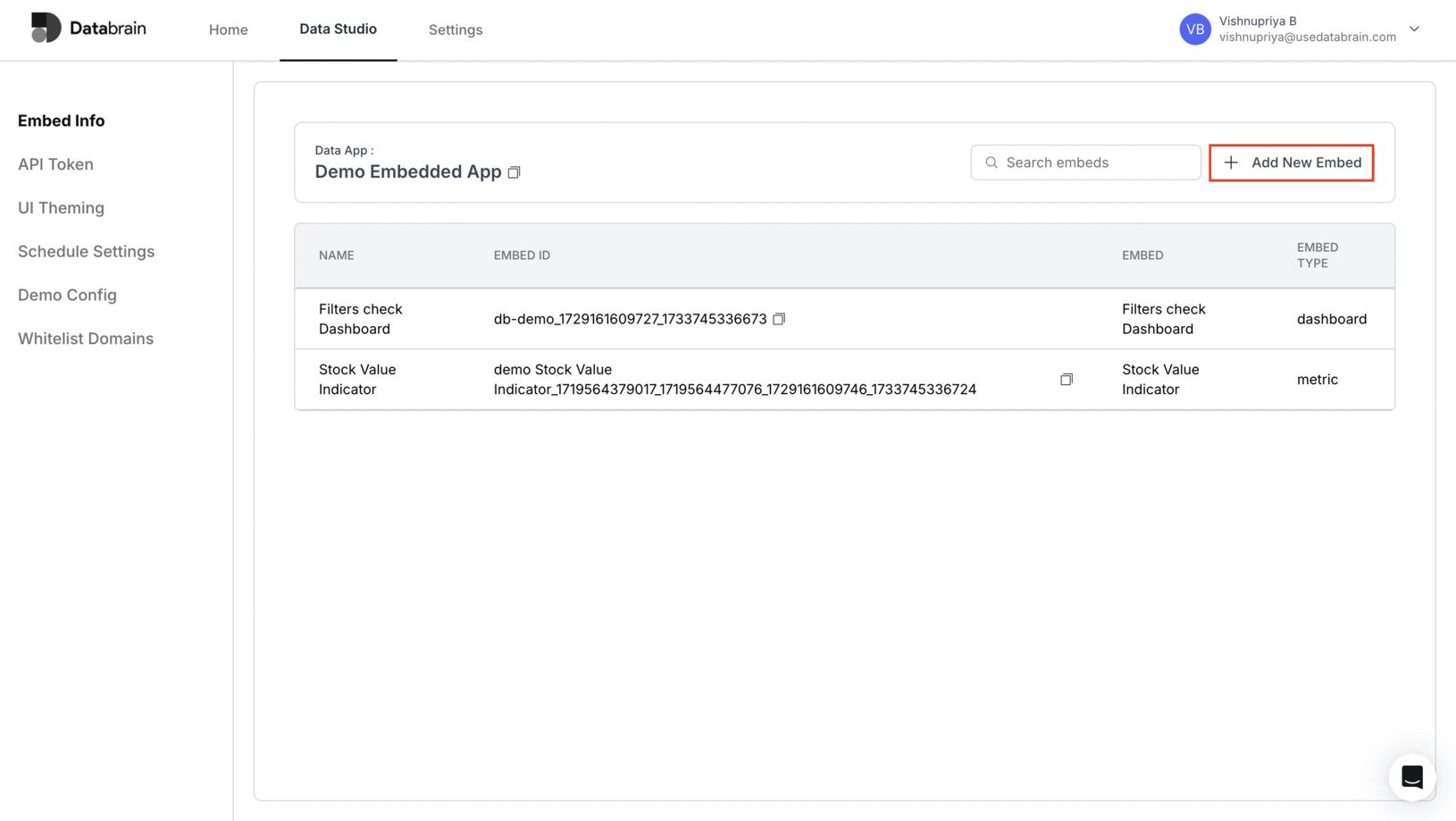 Add New Embed dialog showing workspace, embed type, and dashboard selection with Save button highlighted