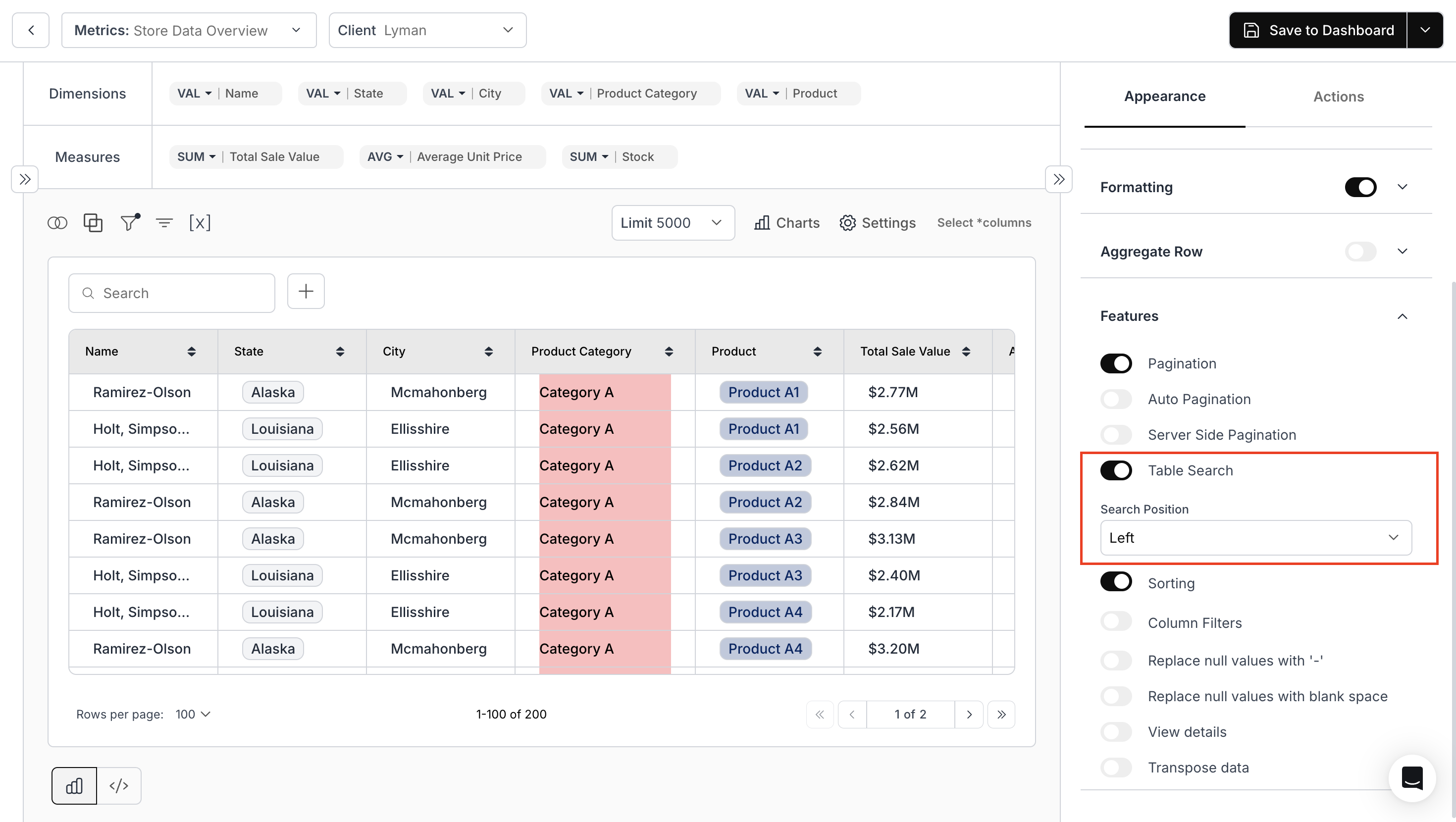 Table Search Position
