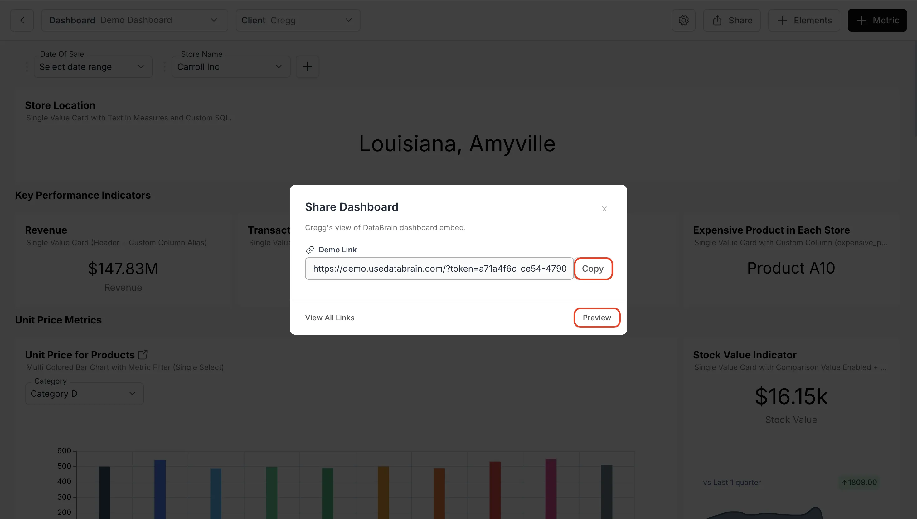 Previewing and copying the generated shareable dashboard link