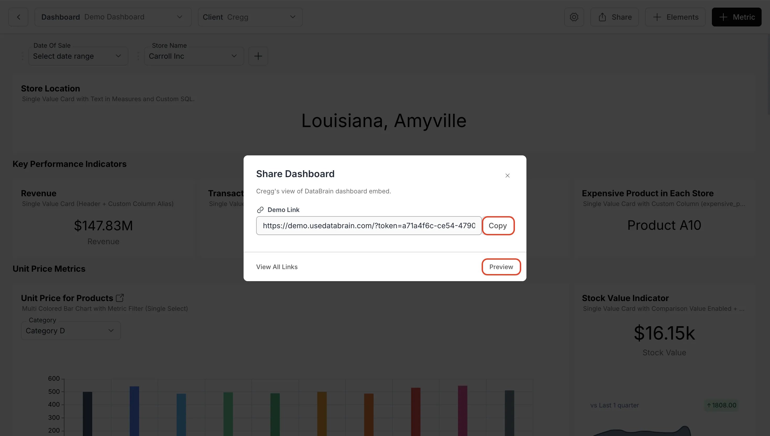 Previewing and copying the generated shareable dashboard link