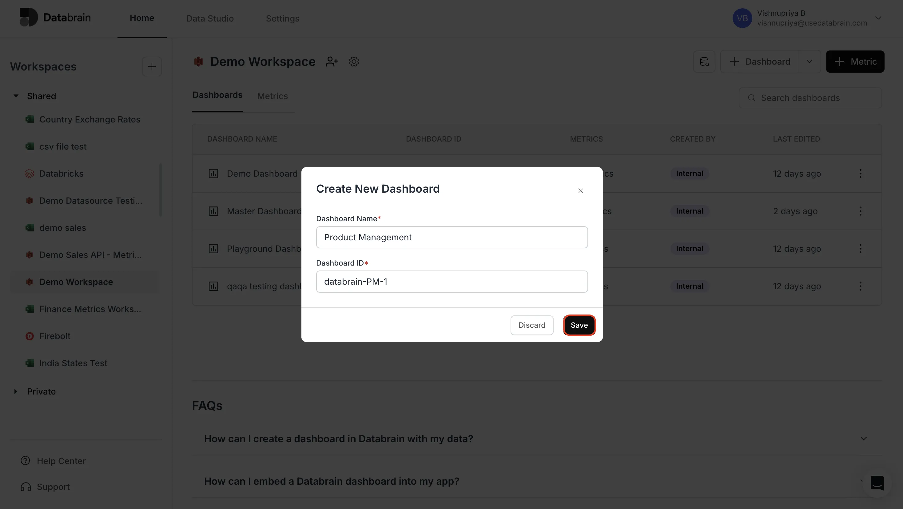 Enter dashboard name and ID then save
