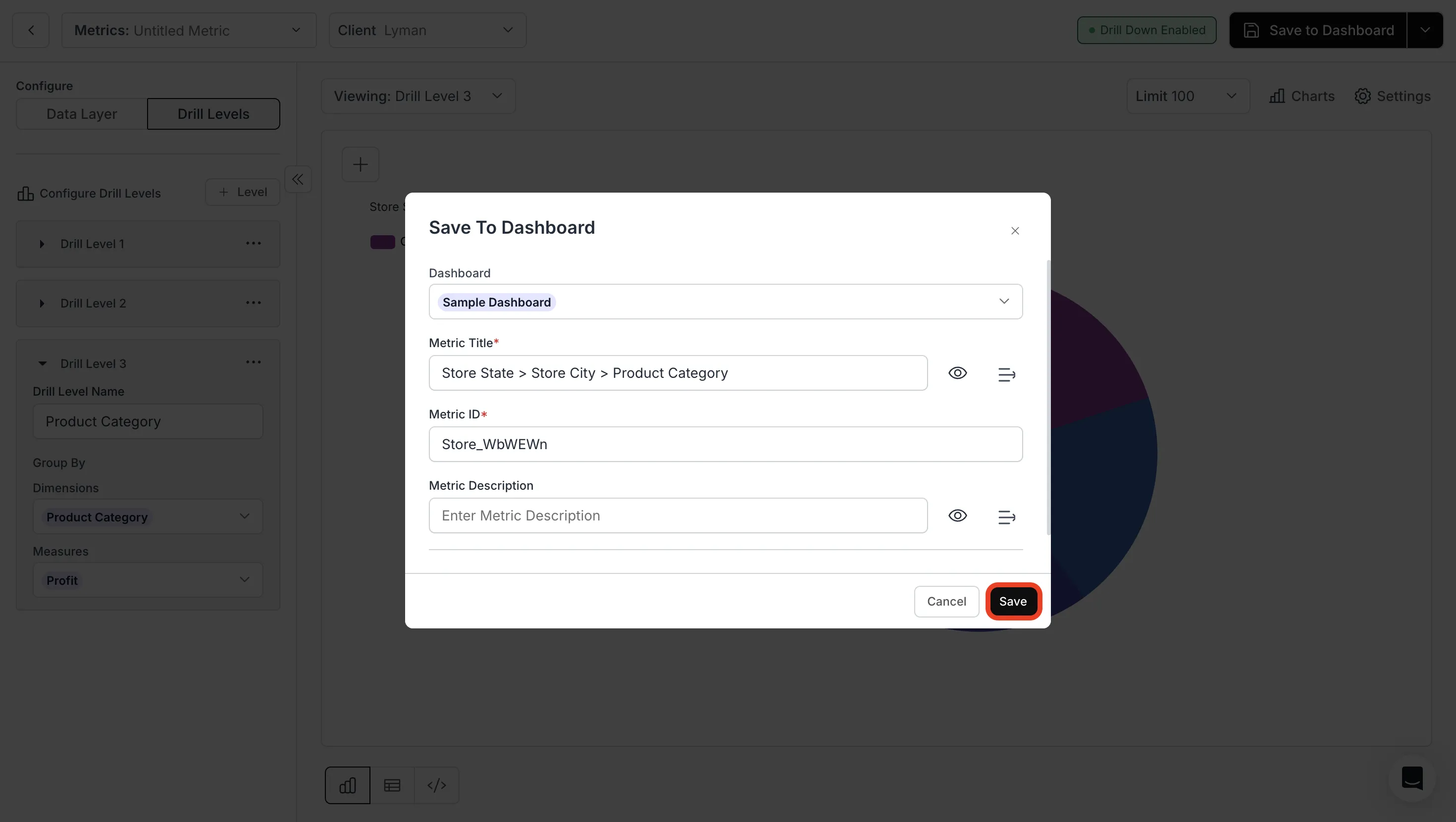 Save button used to publish drill-down chart to dashboard