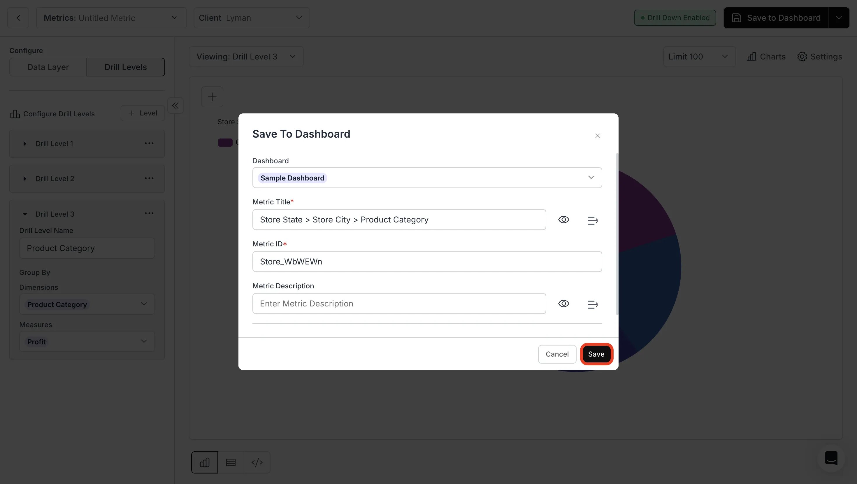 Save button used to publish drill-down chart to dashboard