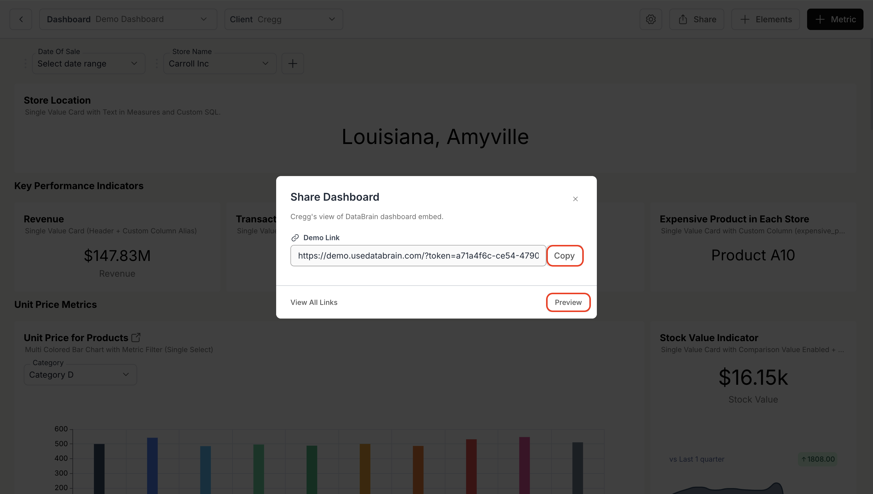 Previewing and copying the generated shareable dashboard link
