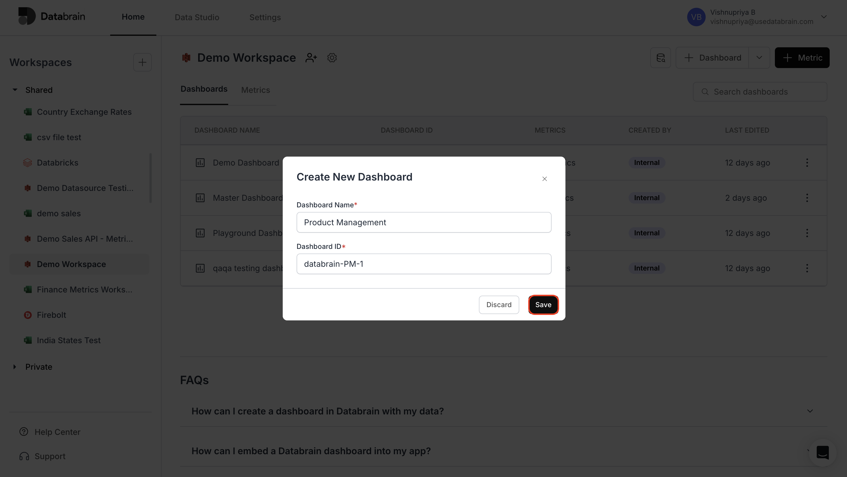 Enter dashboard name and ID then save