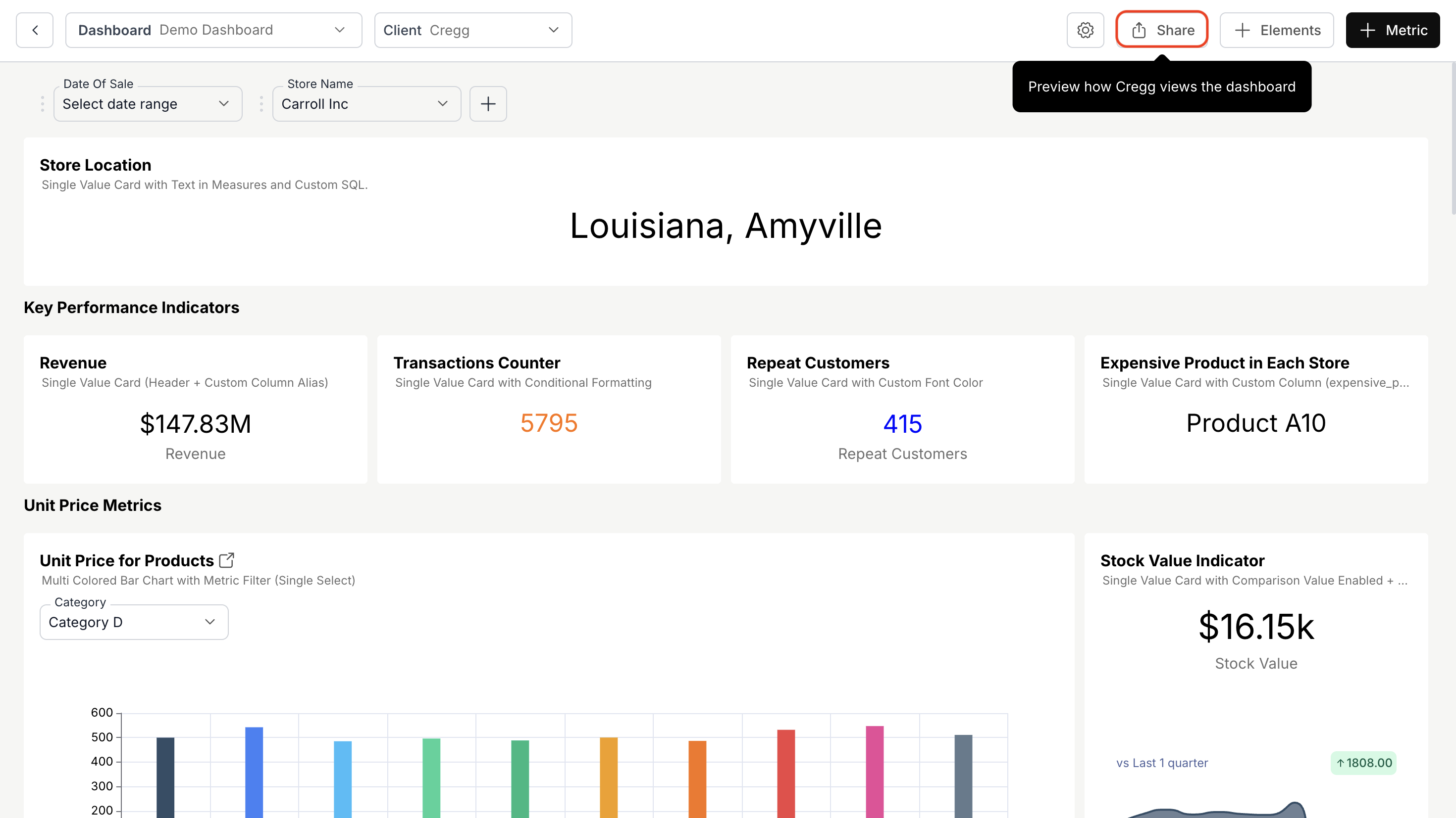 Share button location on the dashboard interface