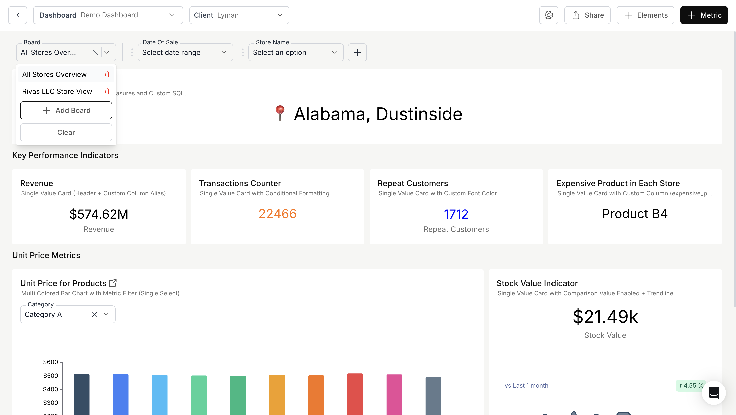 Switching between saved boards in the dashboard