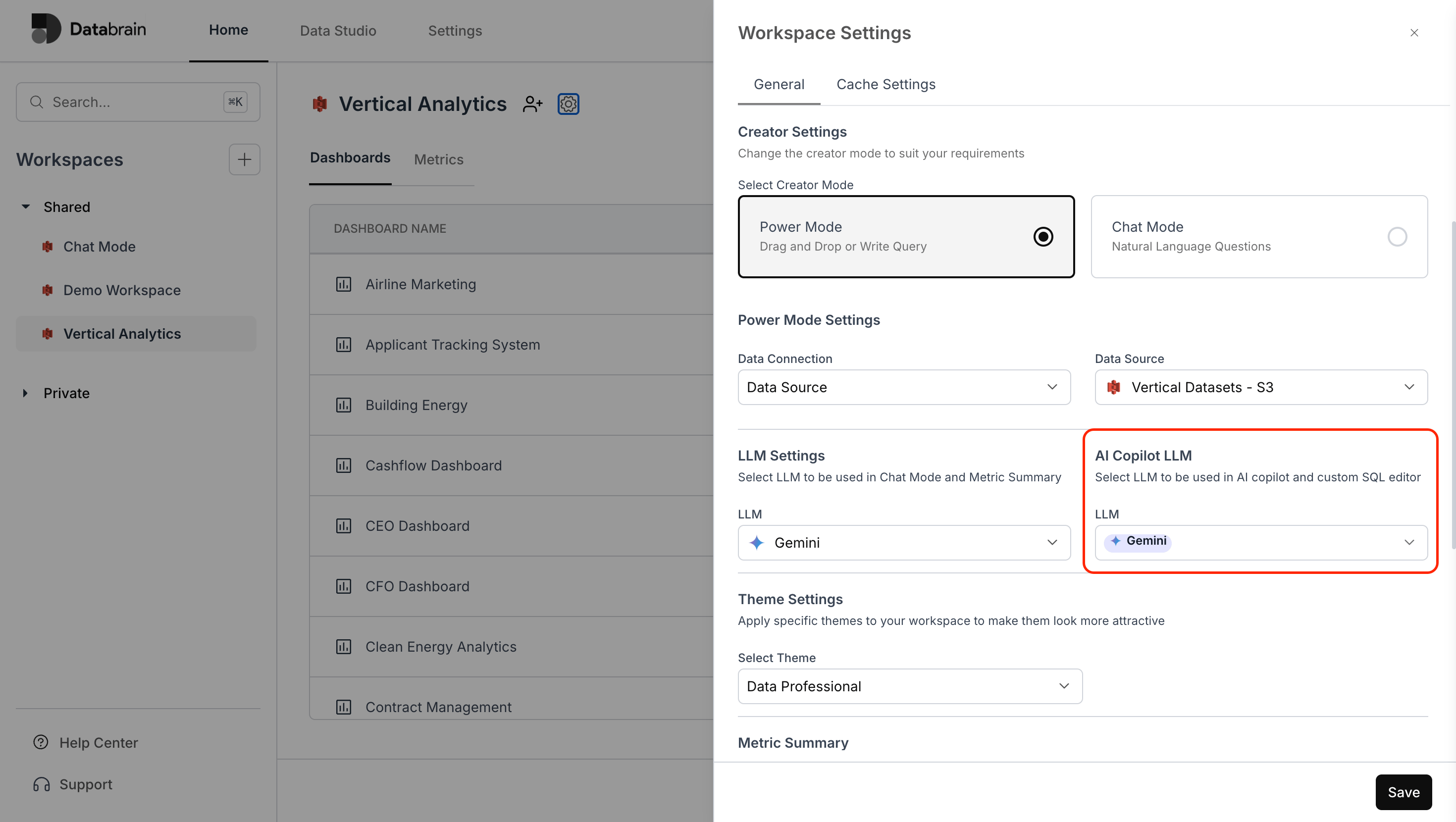 Workspace Settings showing the AI Copilot LLM model selection under Power Mode
