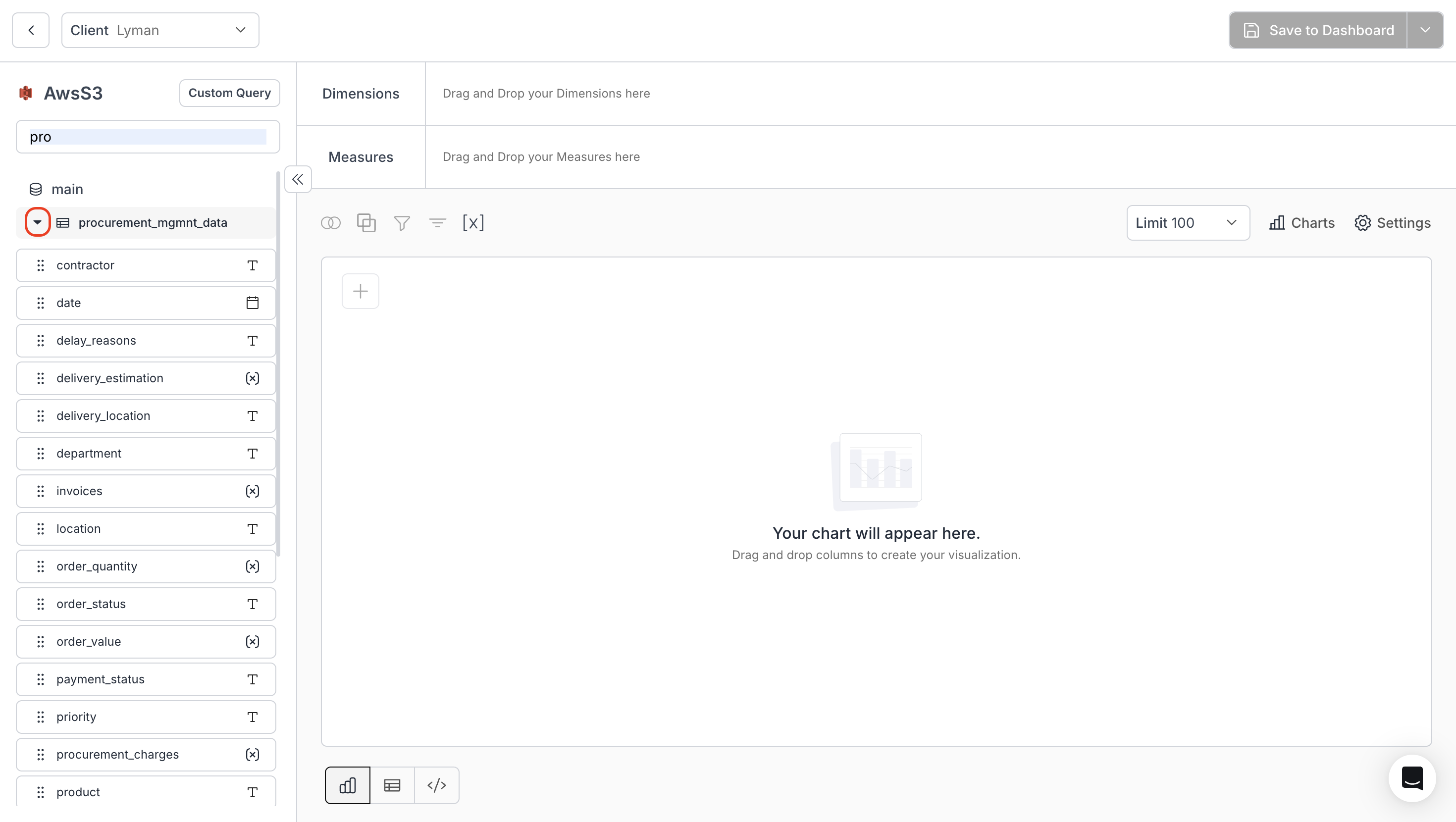Dimensions and measures selection interface