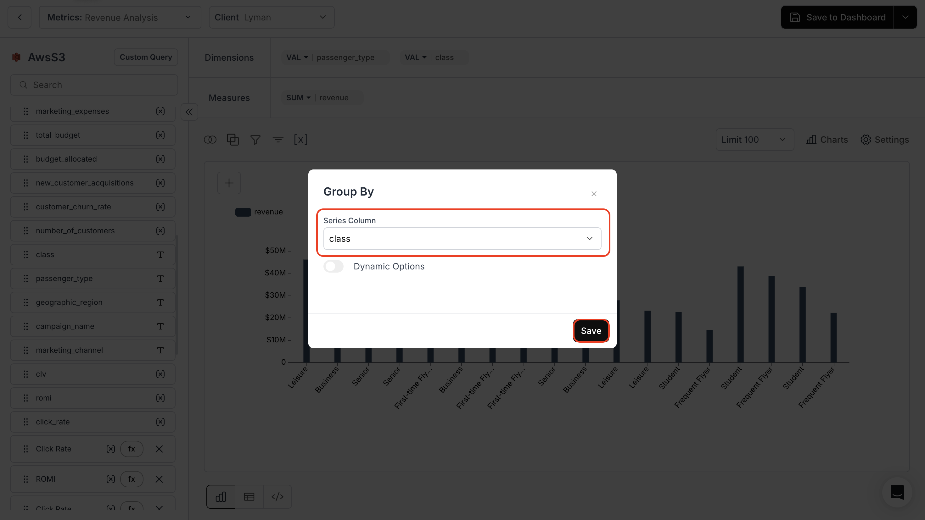 Selecting a single column in the Series Column field for Group By