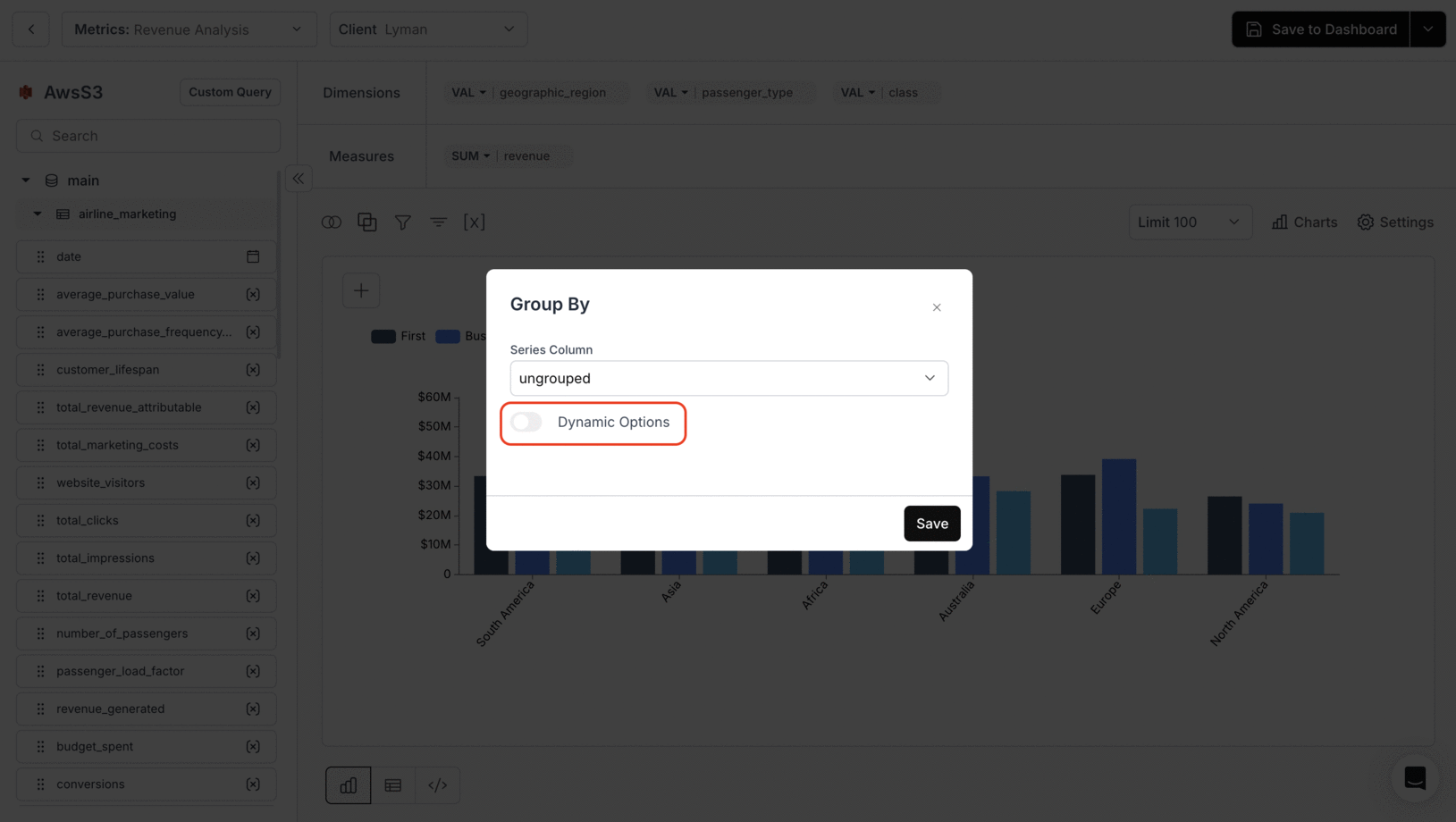 Grouping by multiple columns using dynamic options