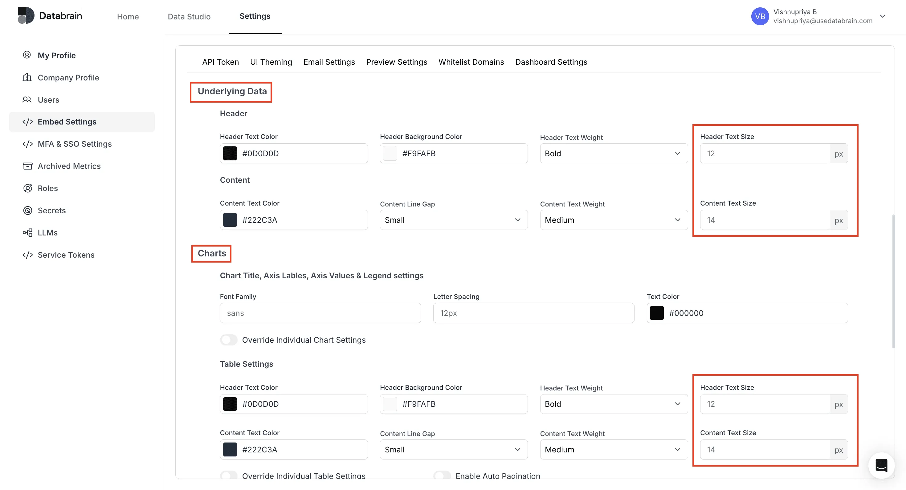 Underlying Data Font Size Customization