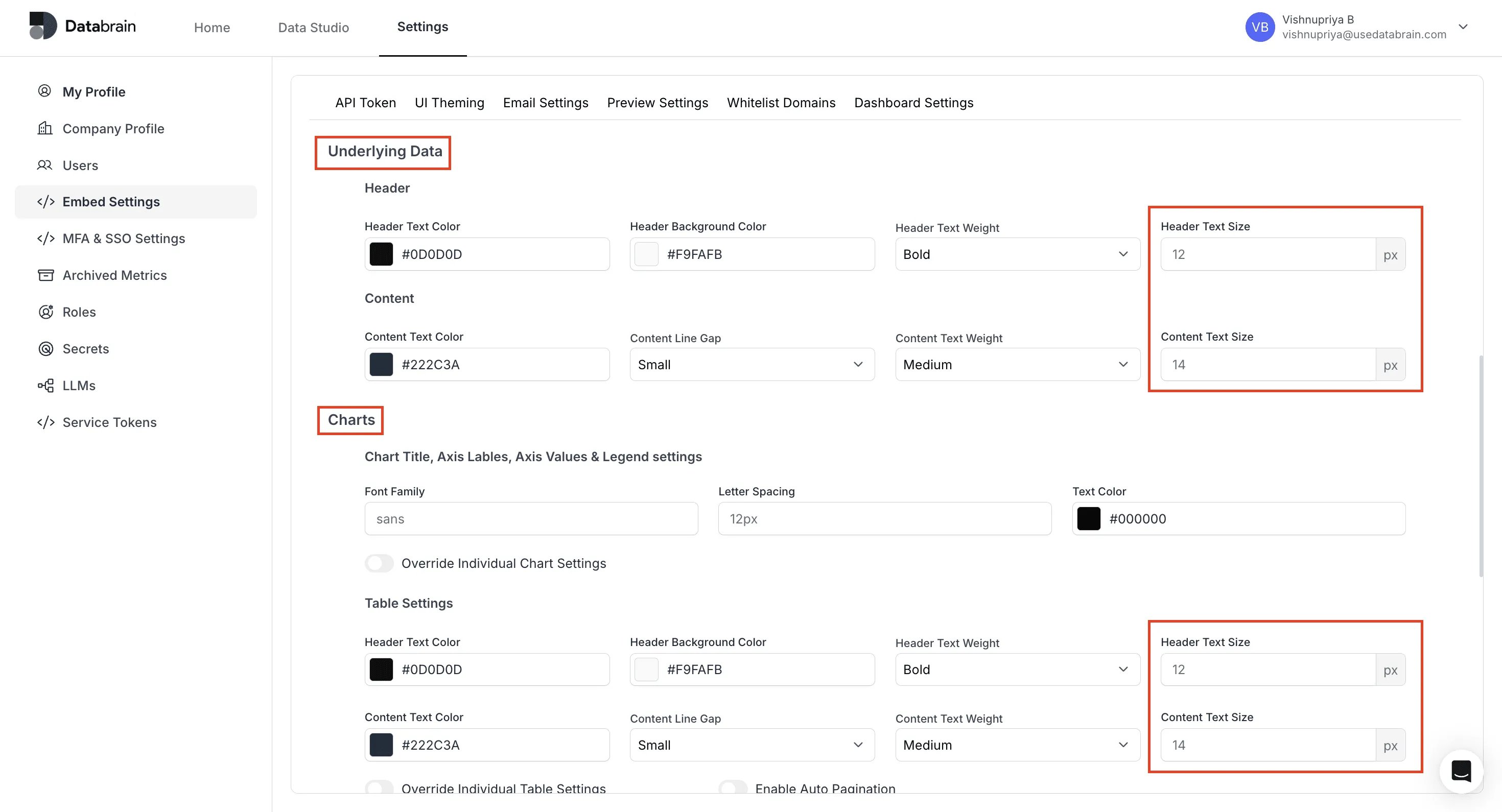 Underlying Data Font Size Customization