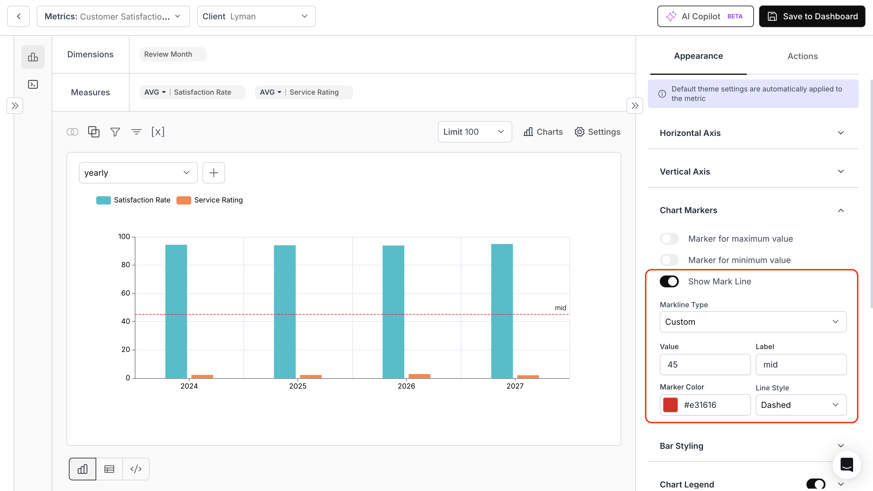 Custom baseline and mark line settings for charts