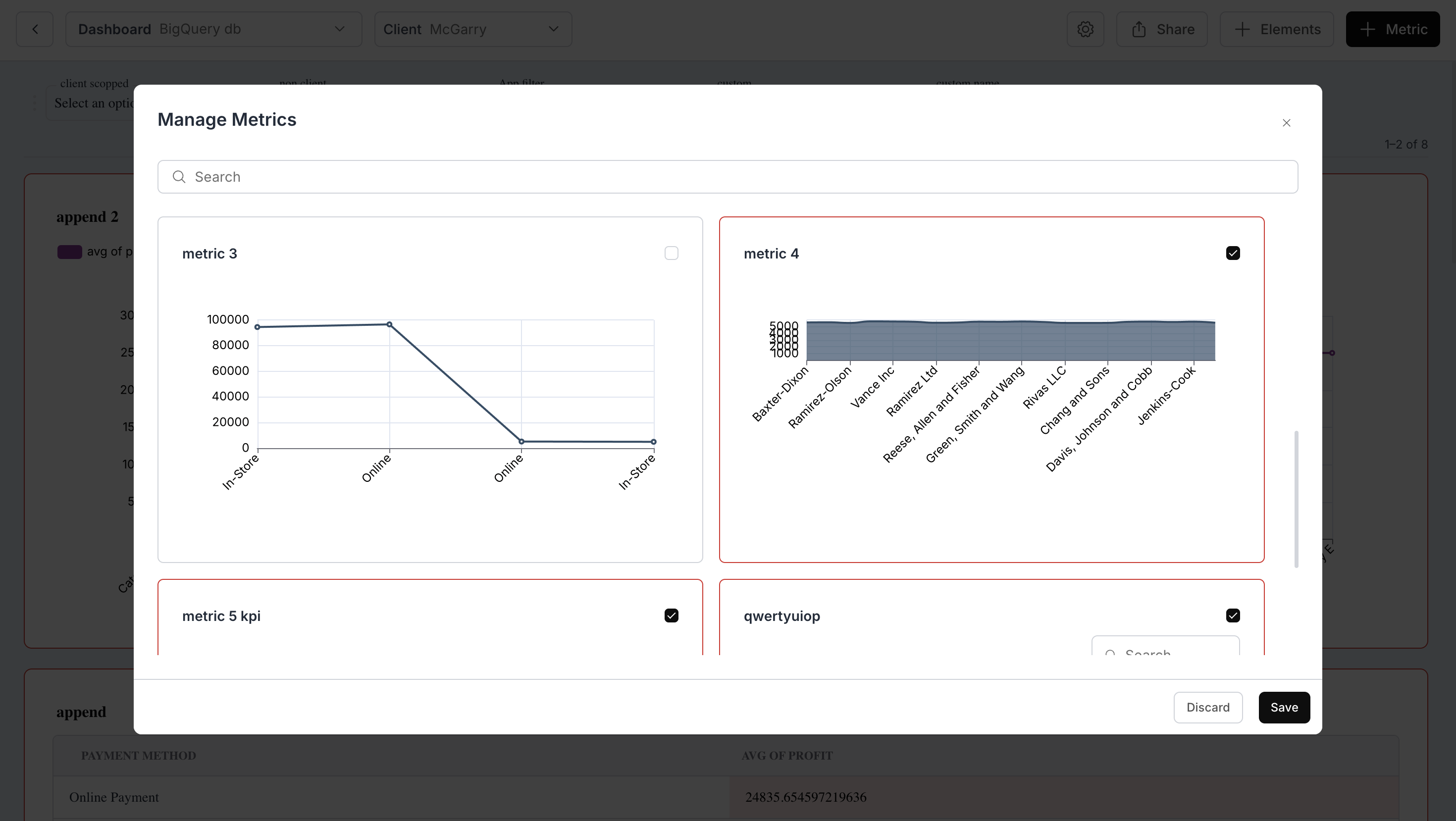 Manage Metrics dialog with searchable metric selection