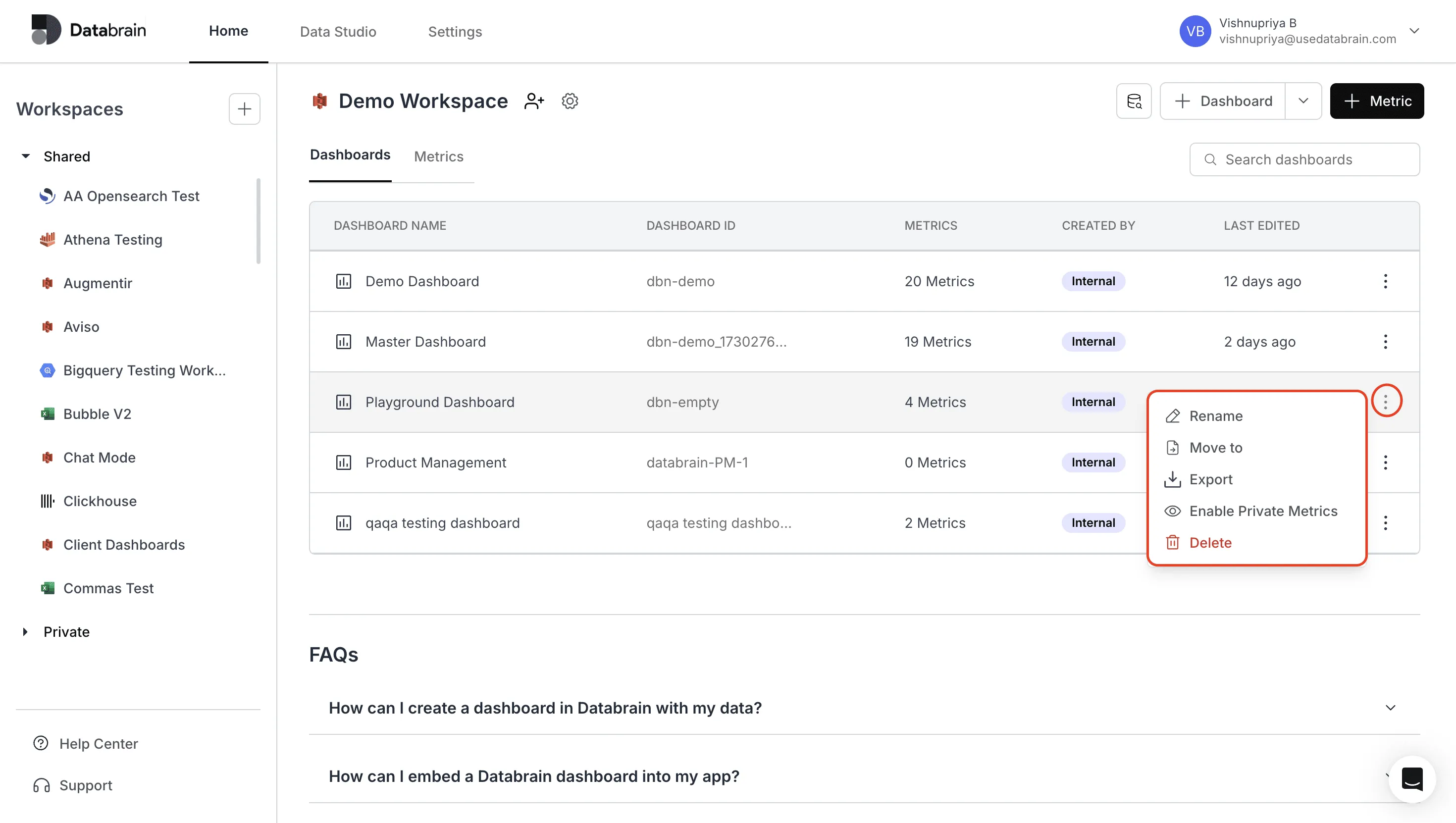 Edit dashboard options including rename export and delete