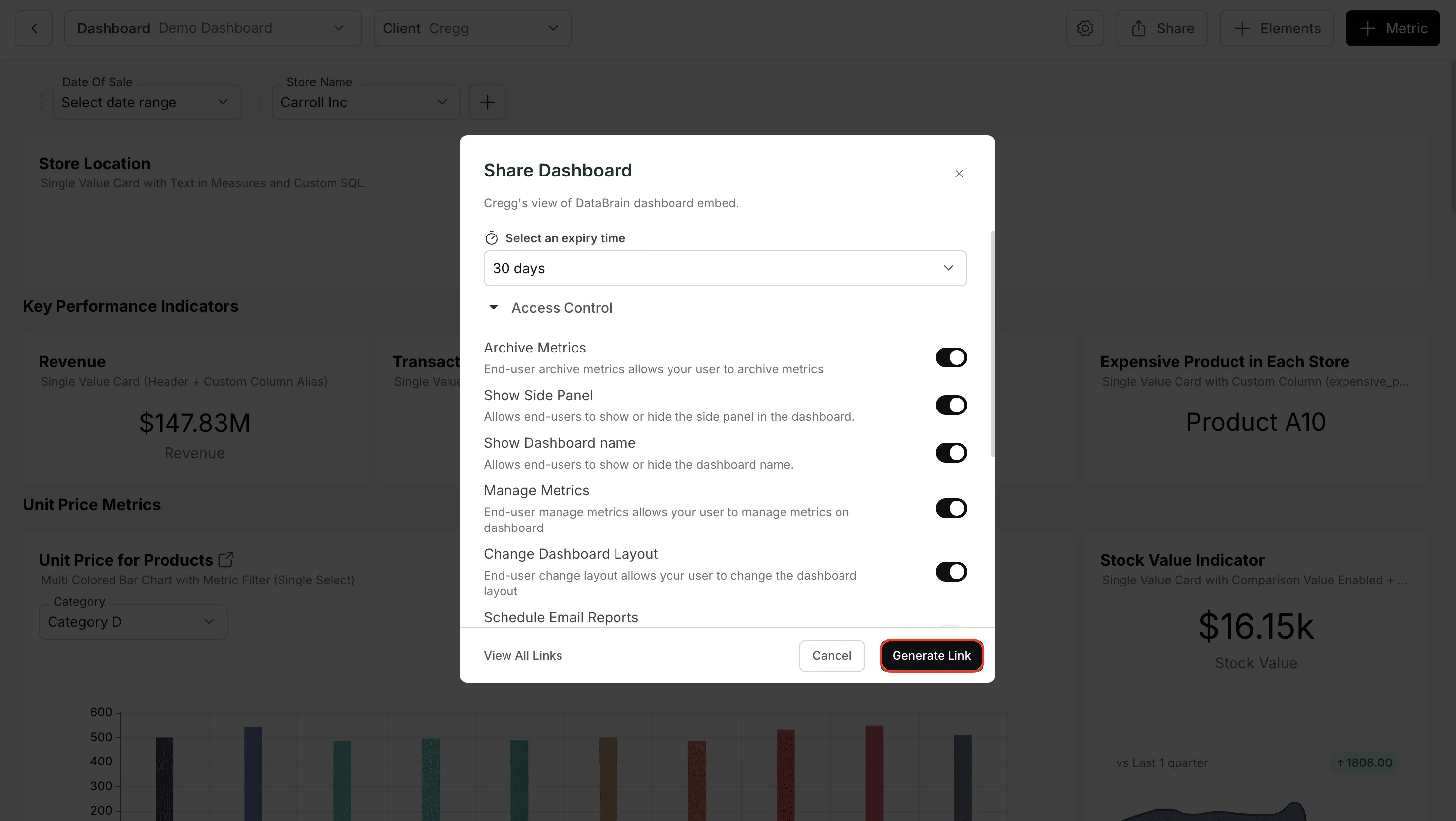 Generate link settings with expiry time and access controls