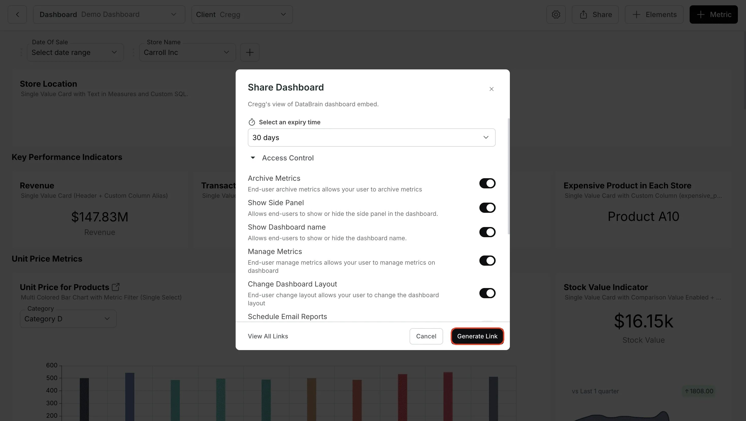 Generate link settings with expiry time and access controls