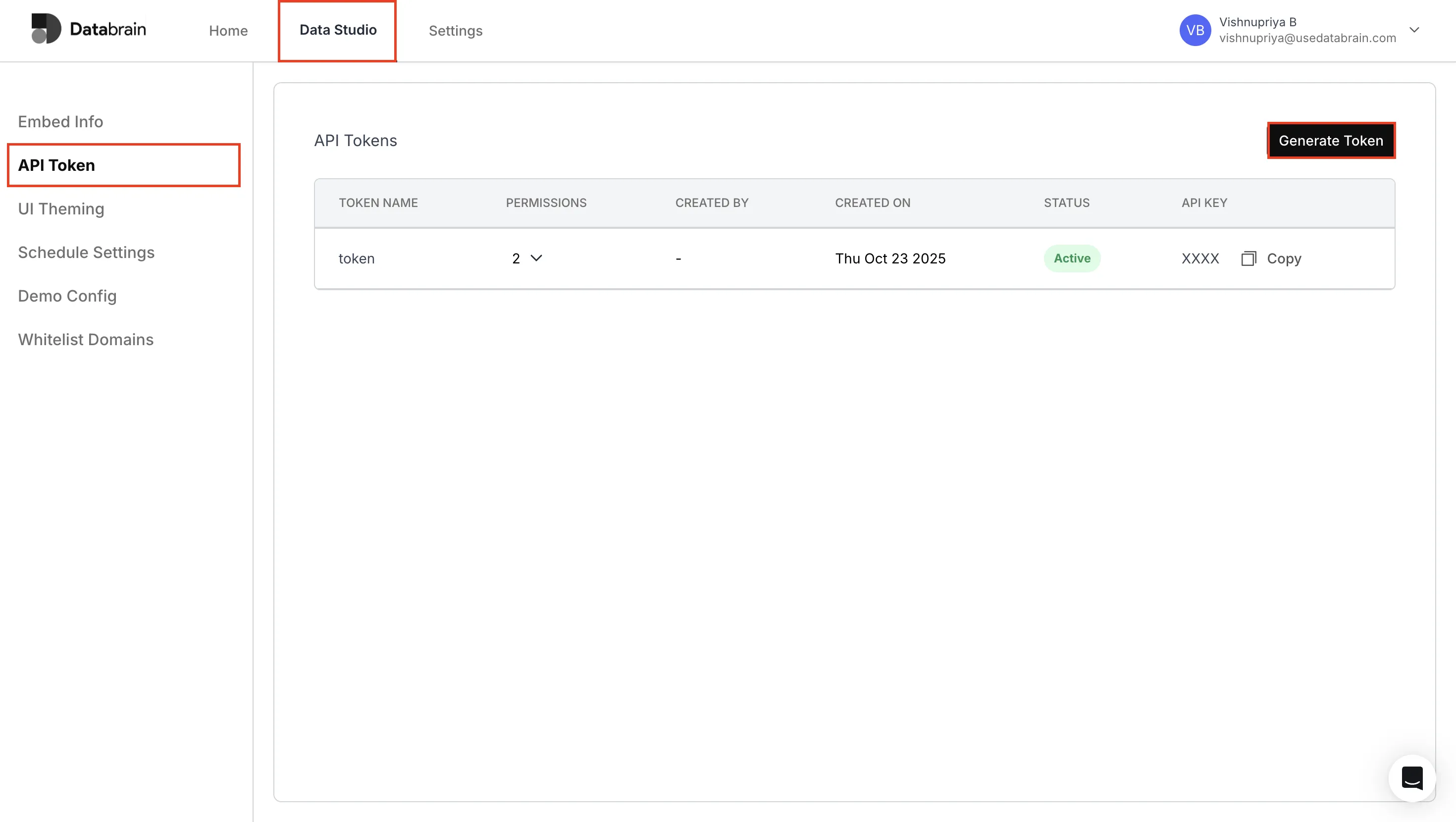 API Token section in Data Studio with the Generate Token button highlighted