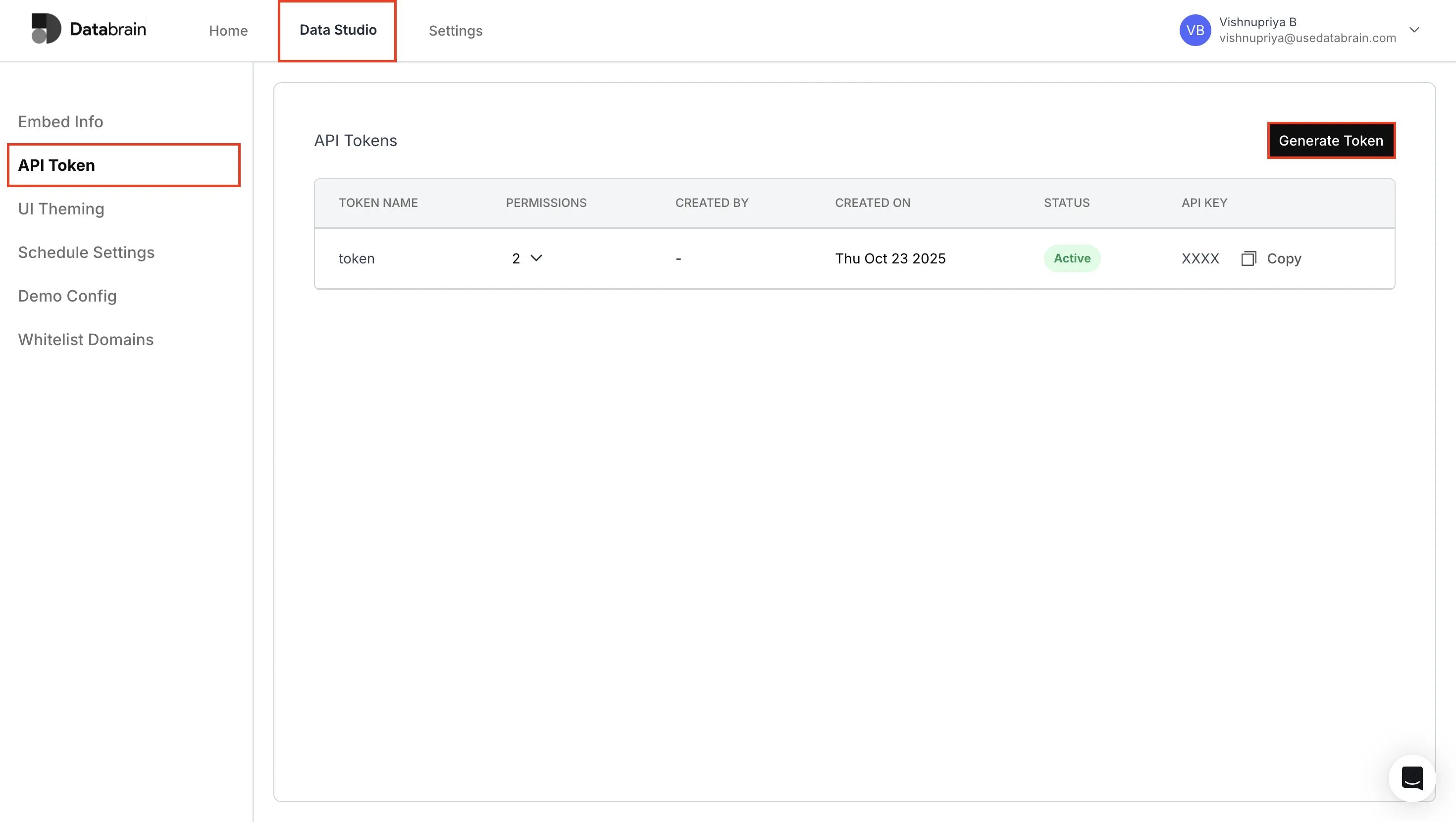 API Token section in Data Studio with the Generate Token button highlighted