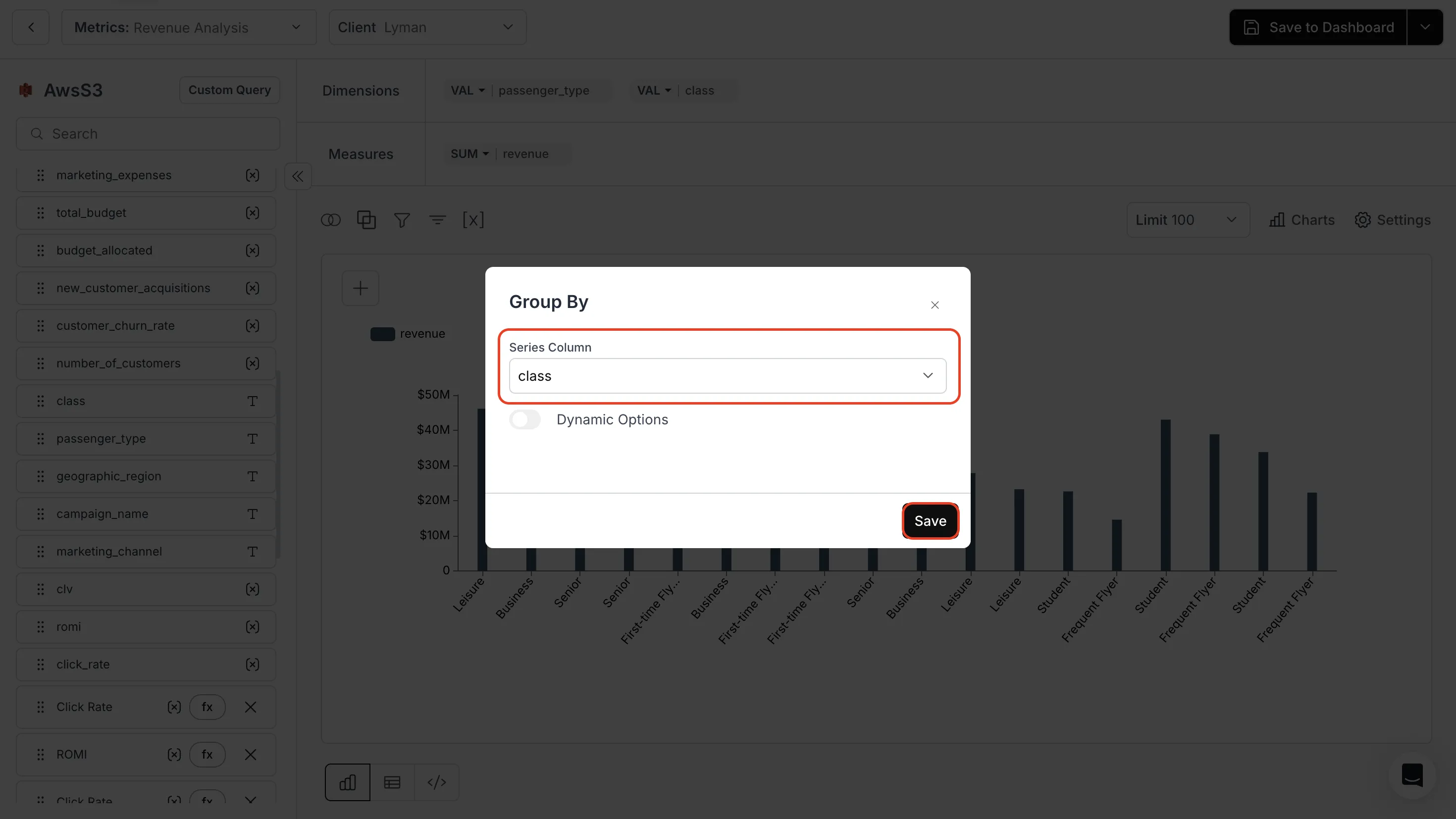 Selecting a single column in the Series Column field for Group By