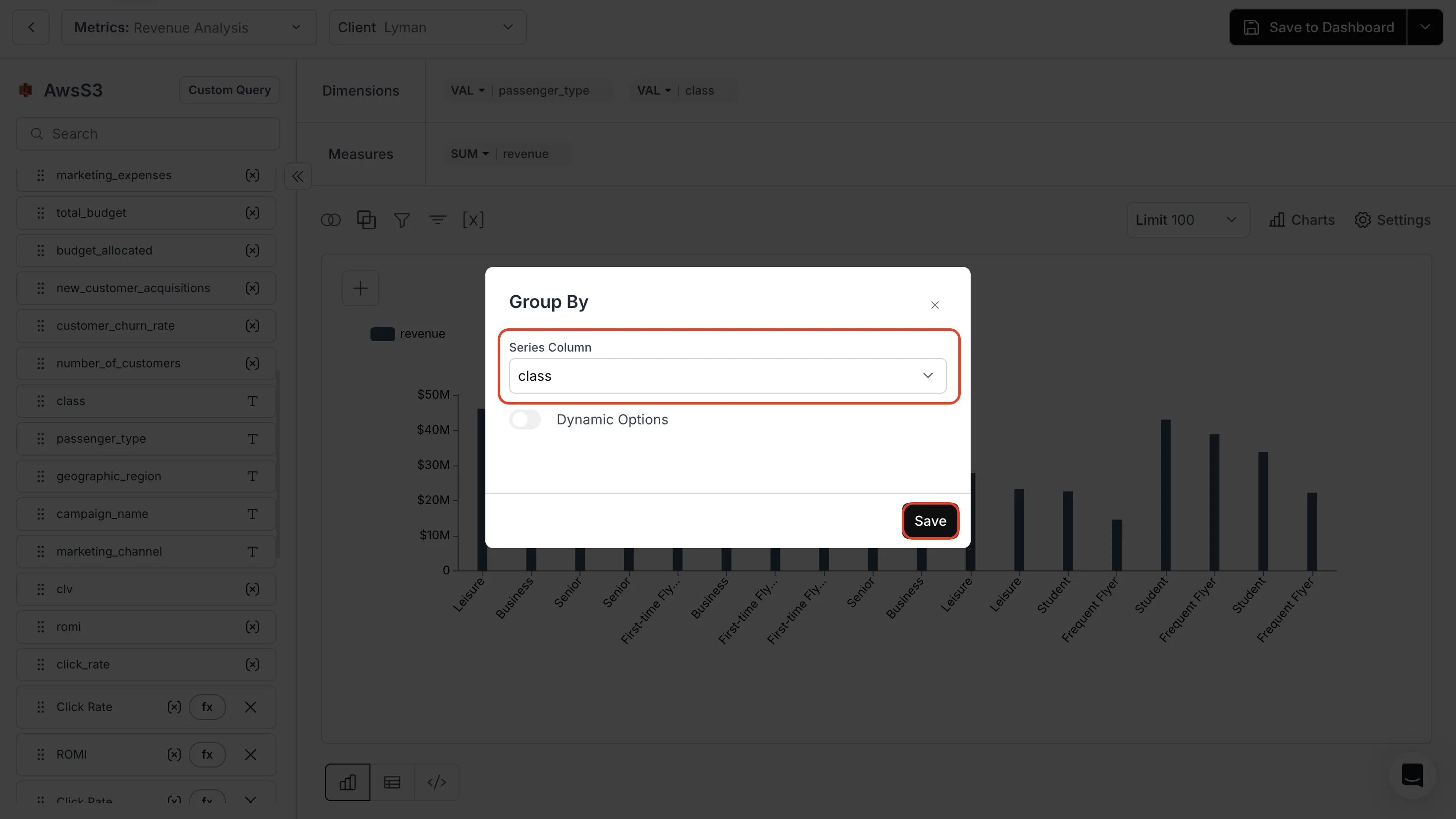 Selecting a single column in the Series Column field for Group By
