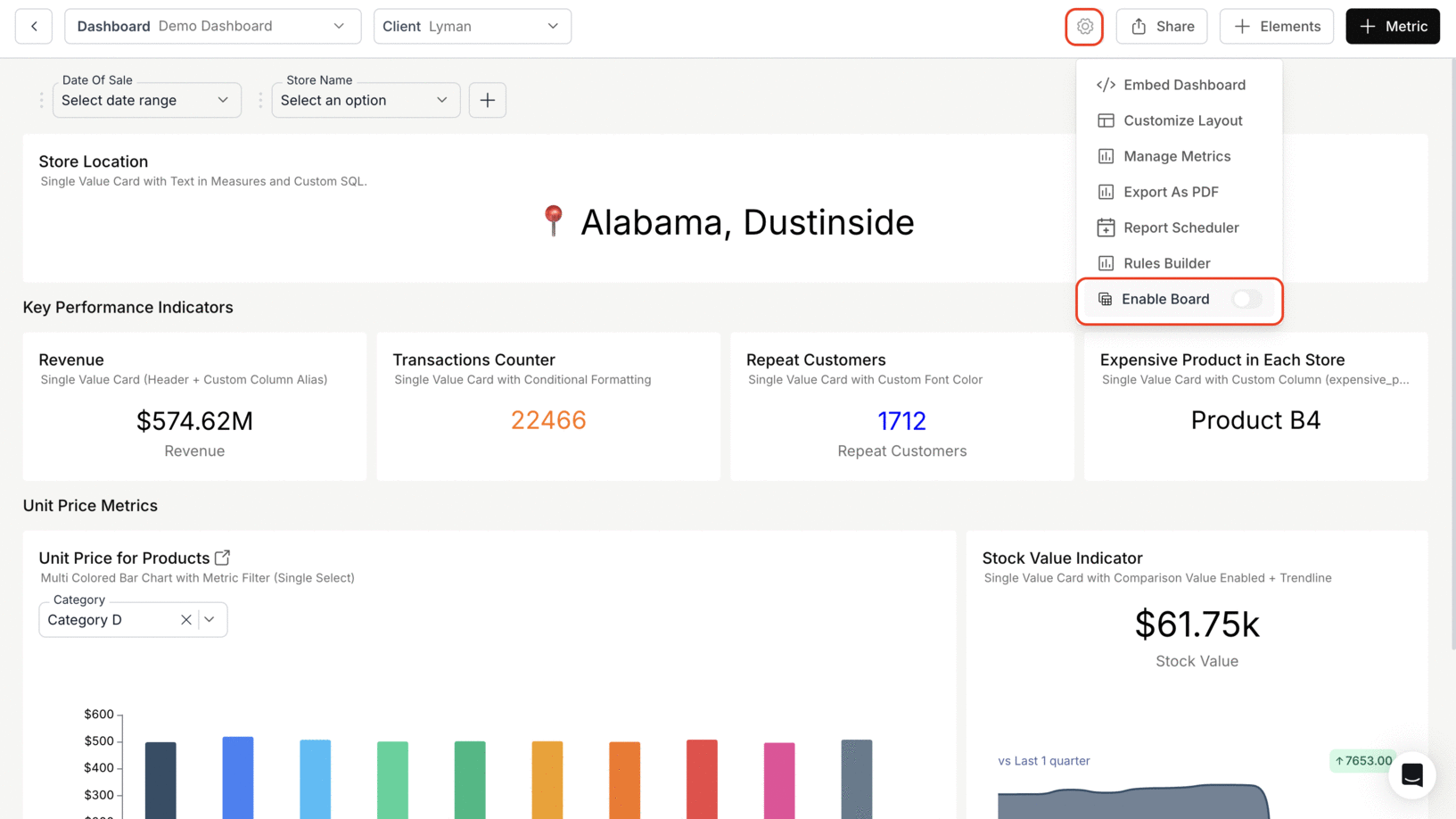 Animation showing where to enable Boards in dashboard settings