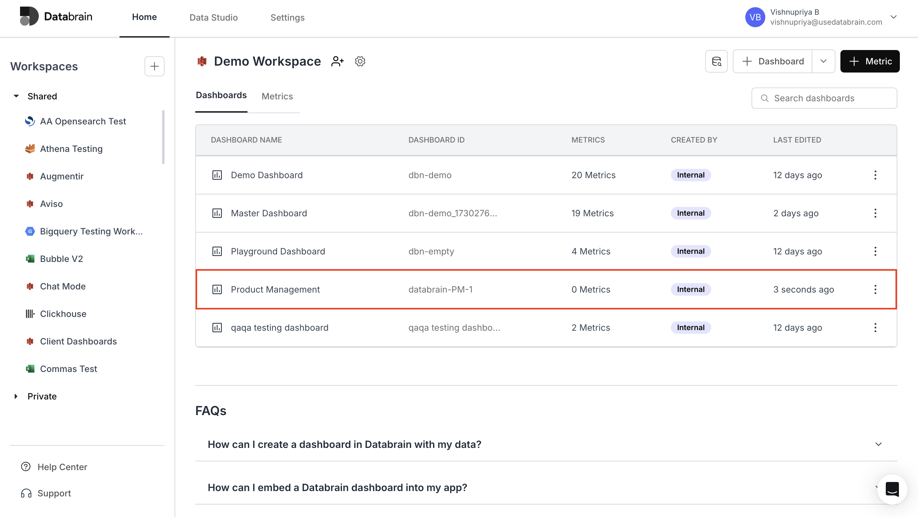 Dashboard successfully created and visible in dashboards section