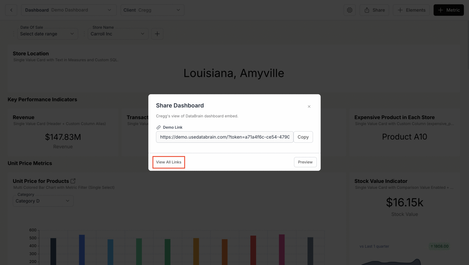 Deleting previously generated dashboard preview links from the link management panel