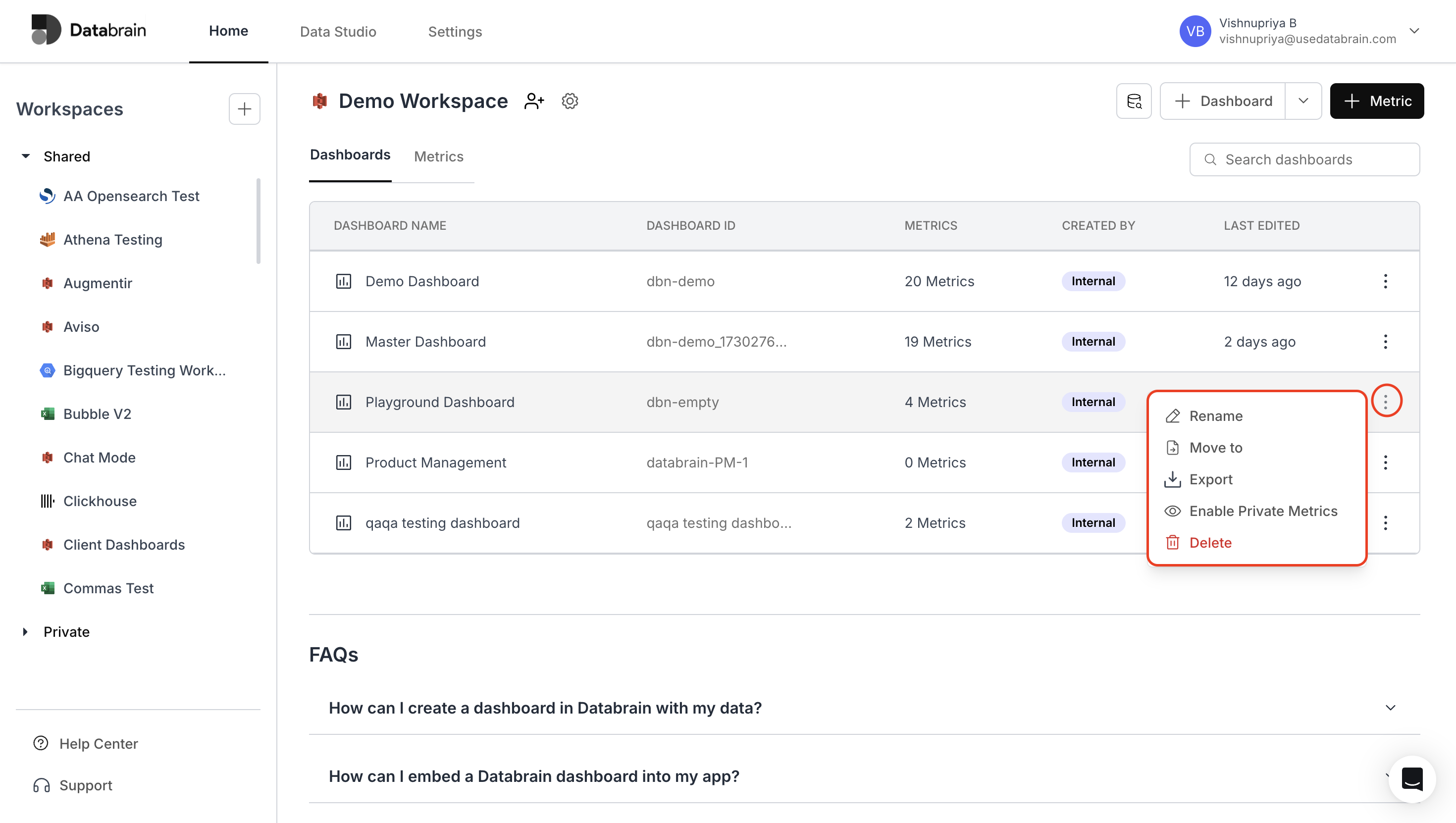 Edit dashboard options including rename export and delete
