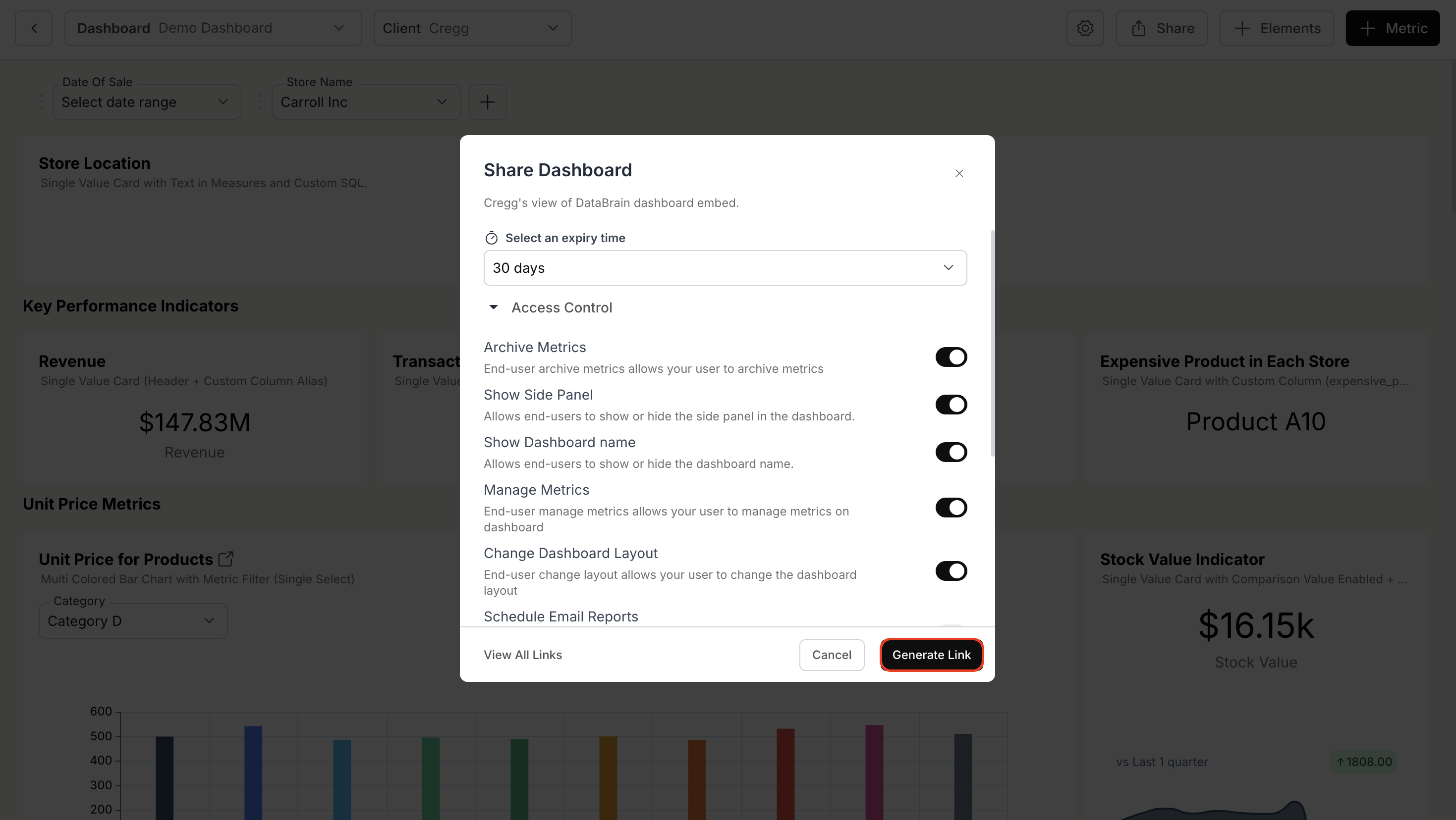 Generate link settings with expiry time and access controls