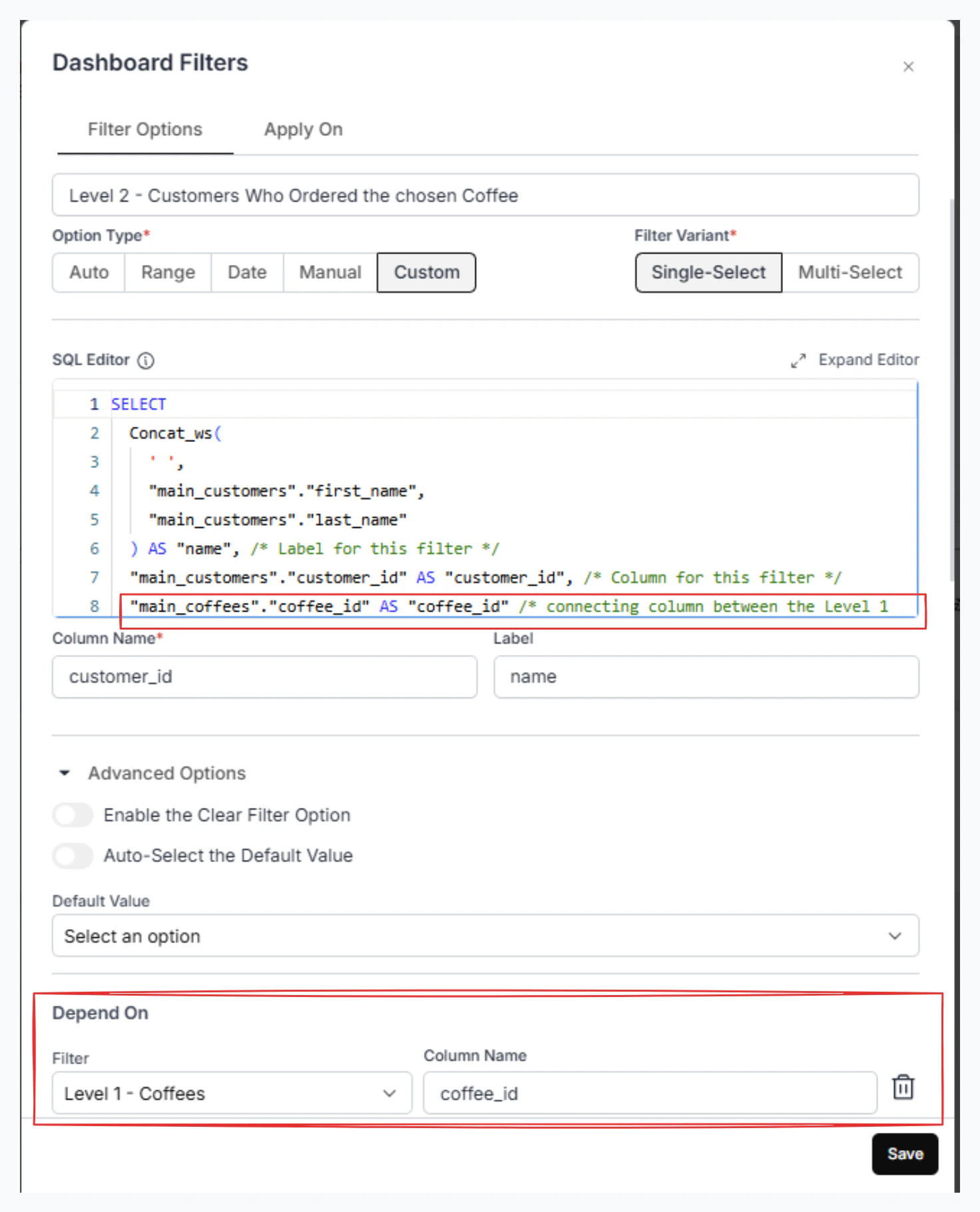 Dashboard Filters configuration showing Depend On section linking the second-level filter to the first-level filter via the connecting column