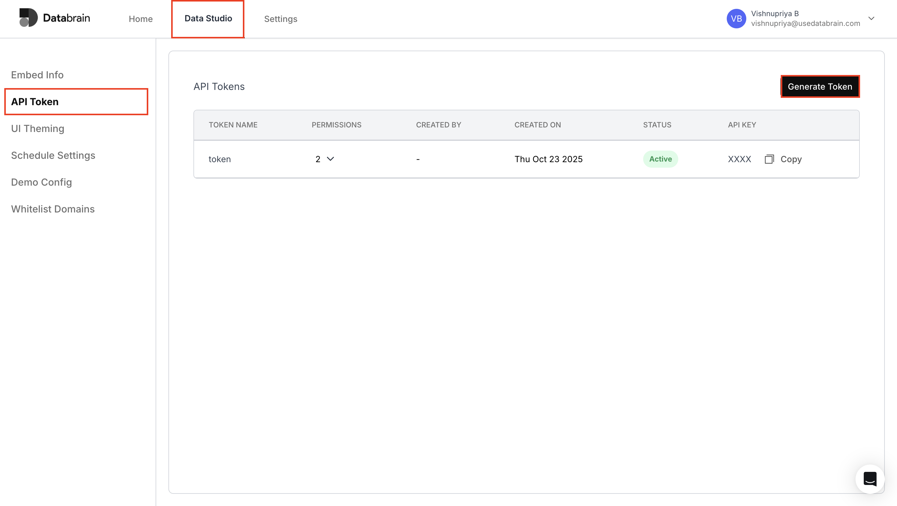 API Token section in Data Studio with the Generate Token button highlighted