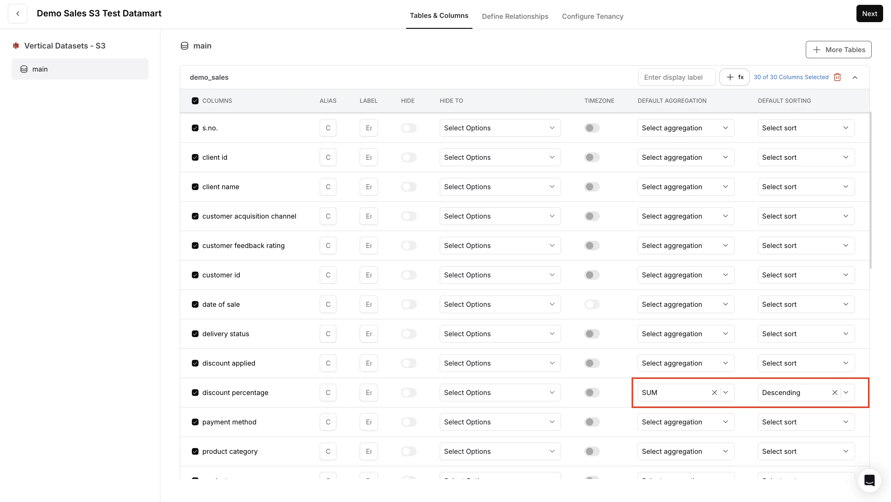 Default aggregation and sorting settings for end users
