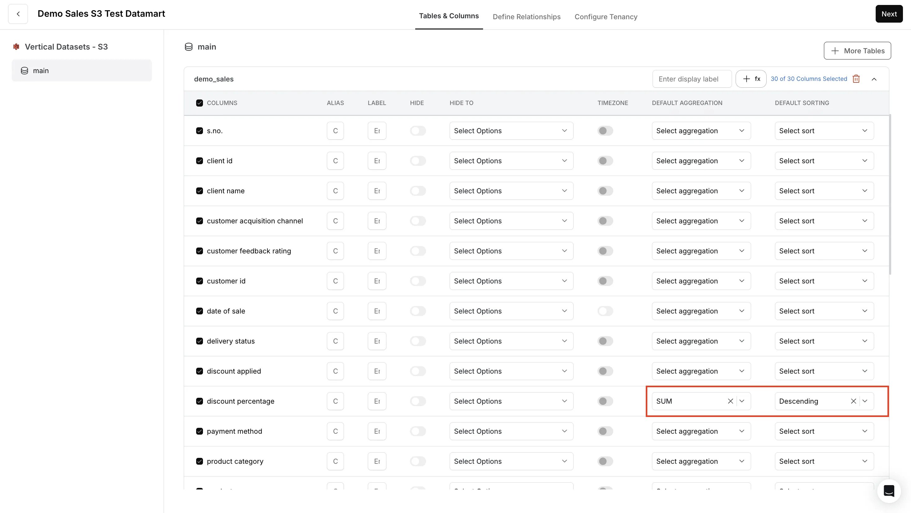 Default aggregation and sorting settings for end users