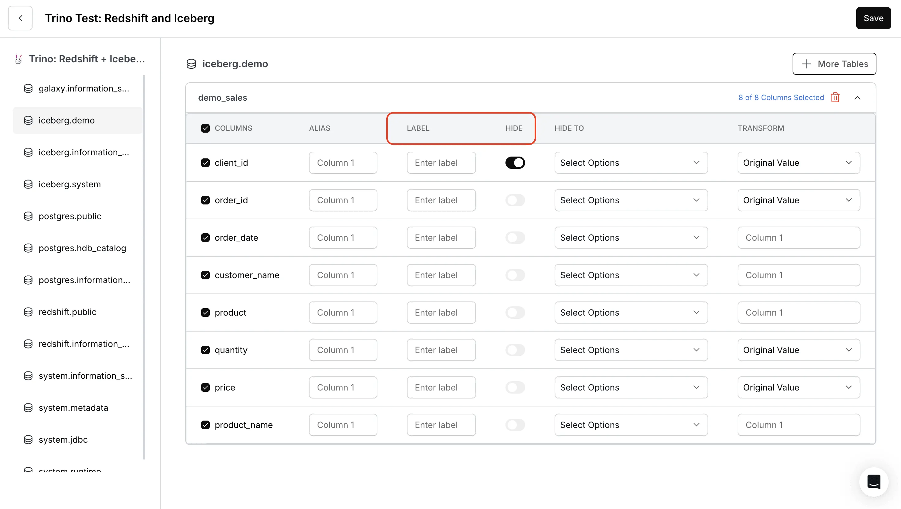 Label and Hide Options