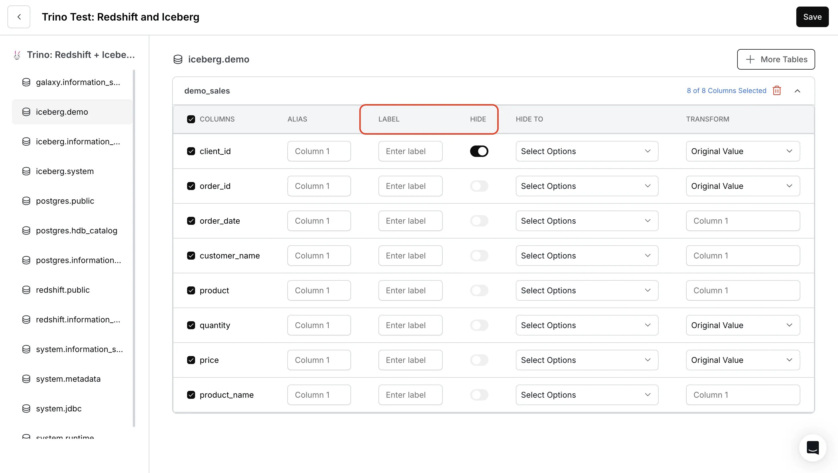 Label and Hide Options