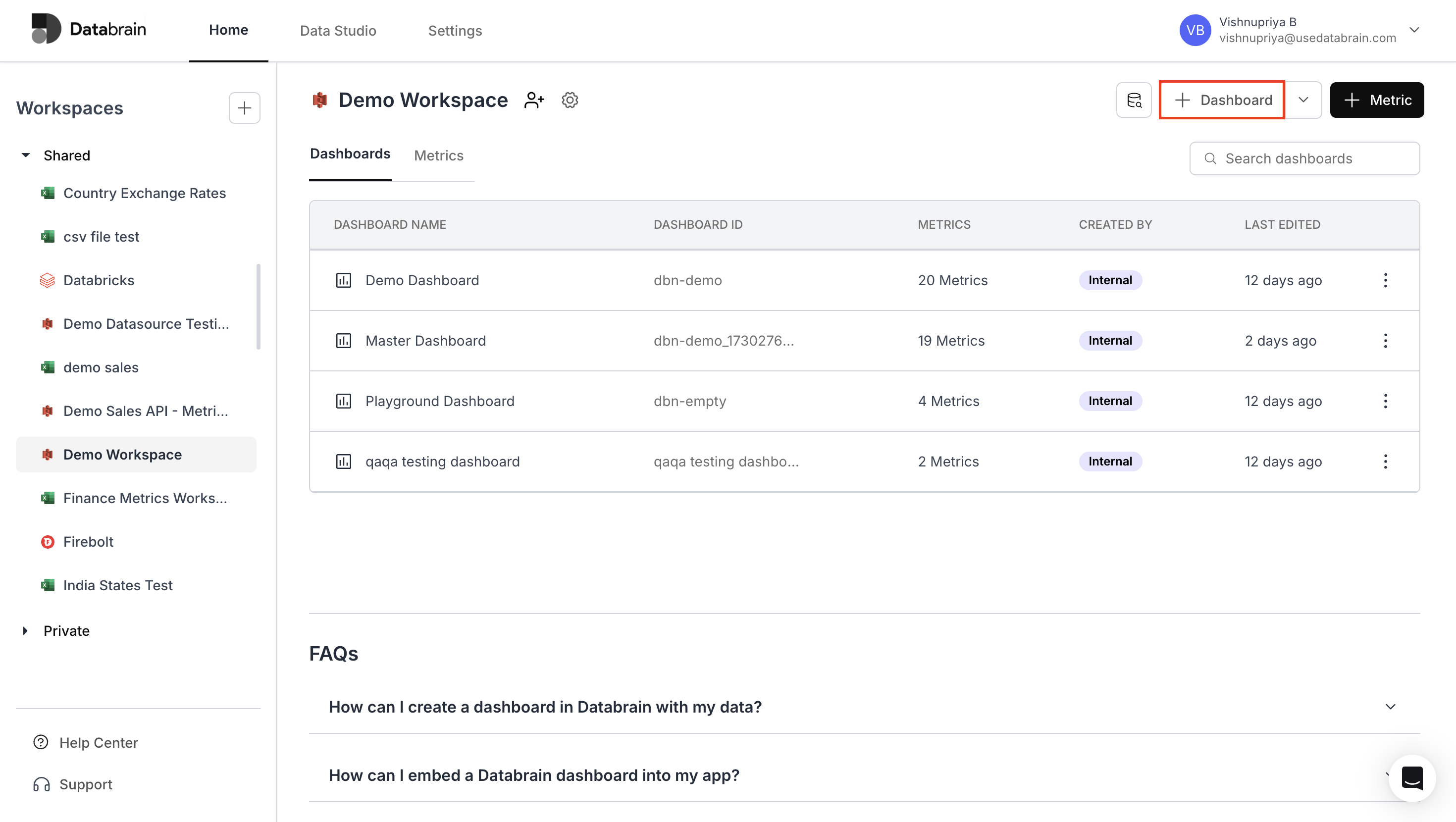 Access dashboard creation from home page