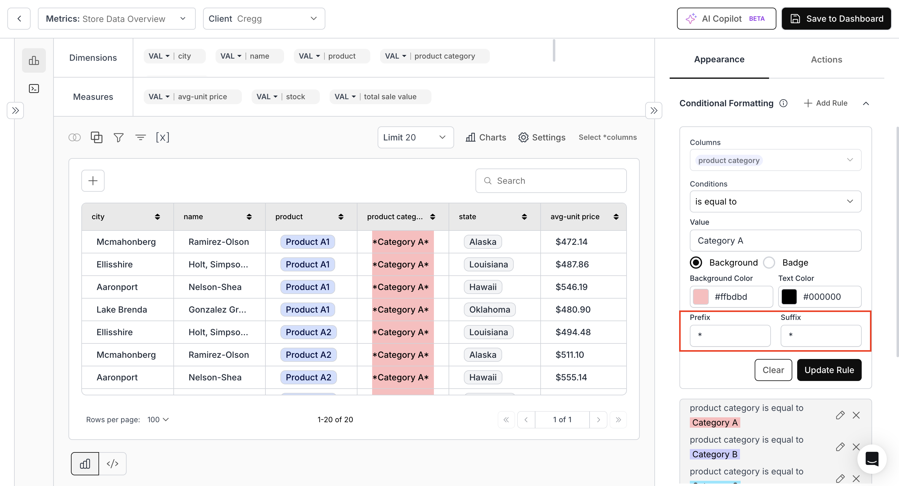 Prefix and suffix options for conditional formatting