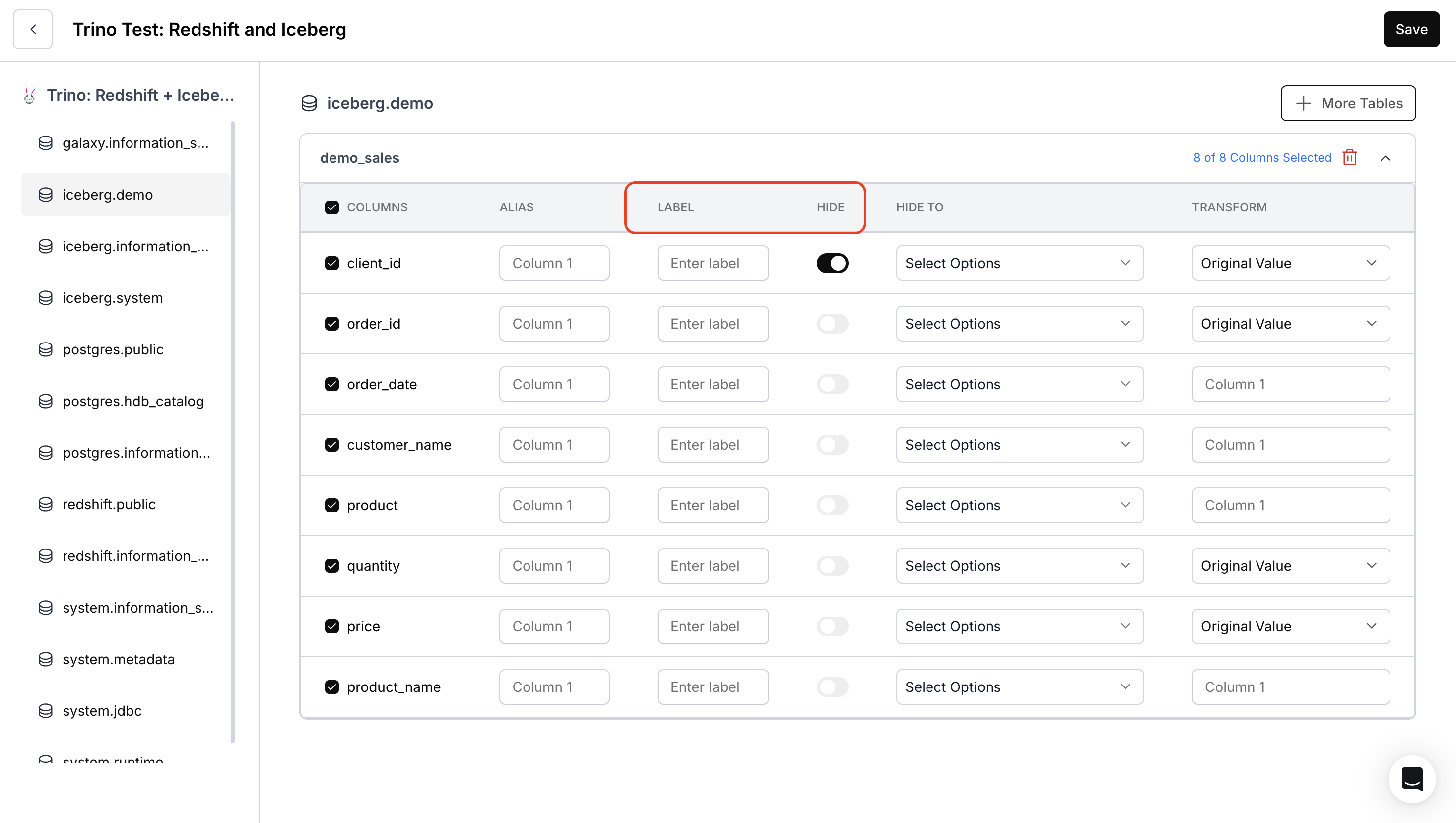 Label and Hide Options