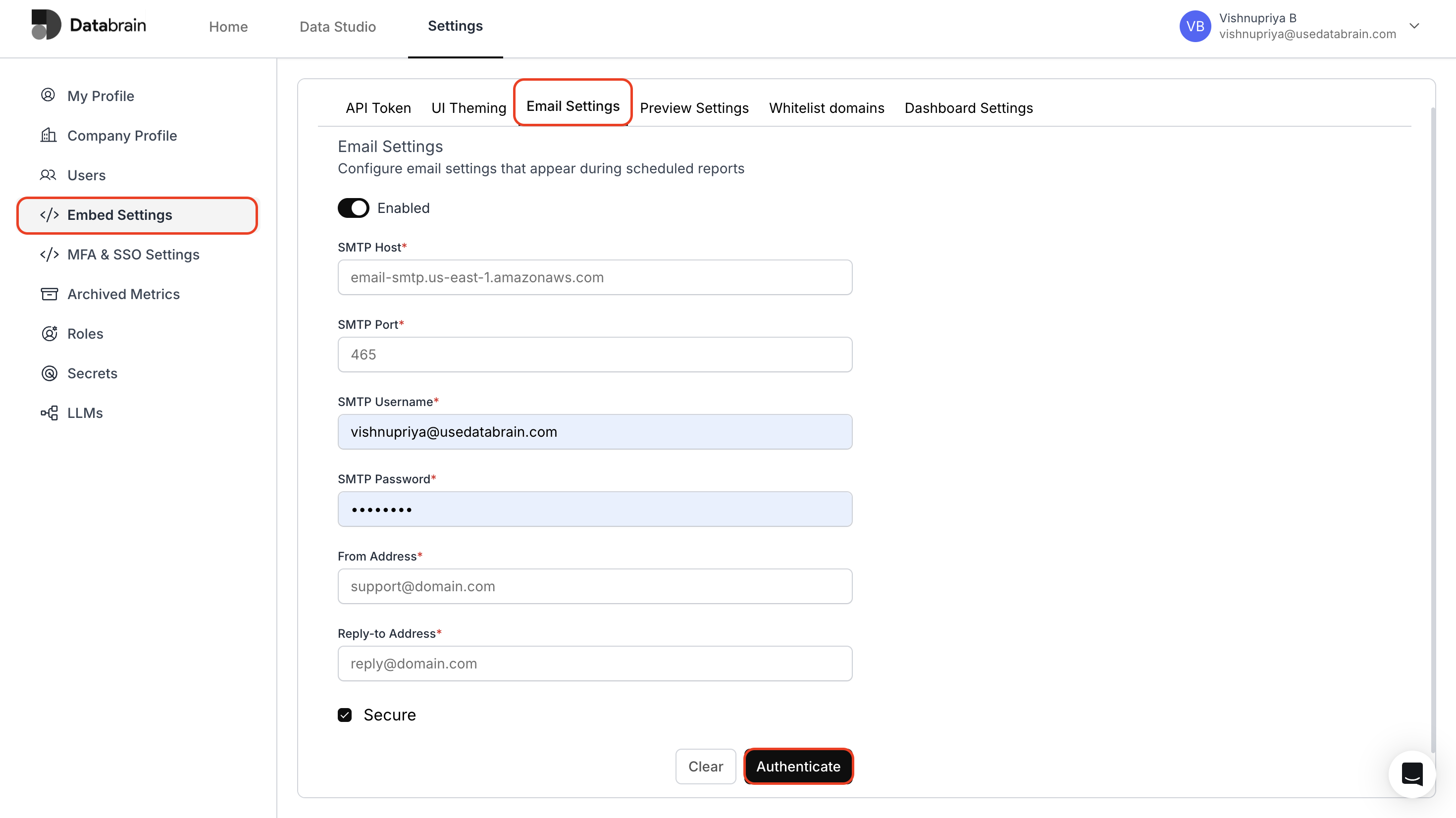 Email Settings for Scheduled Reports - Databrain